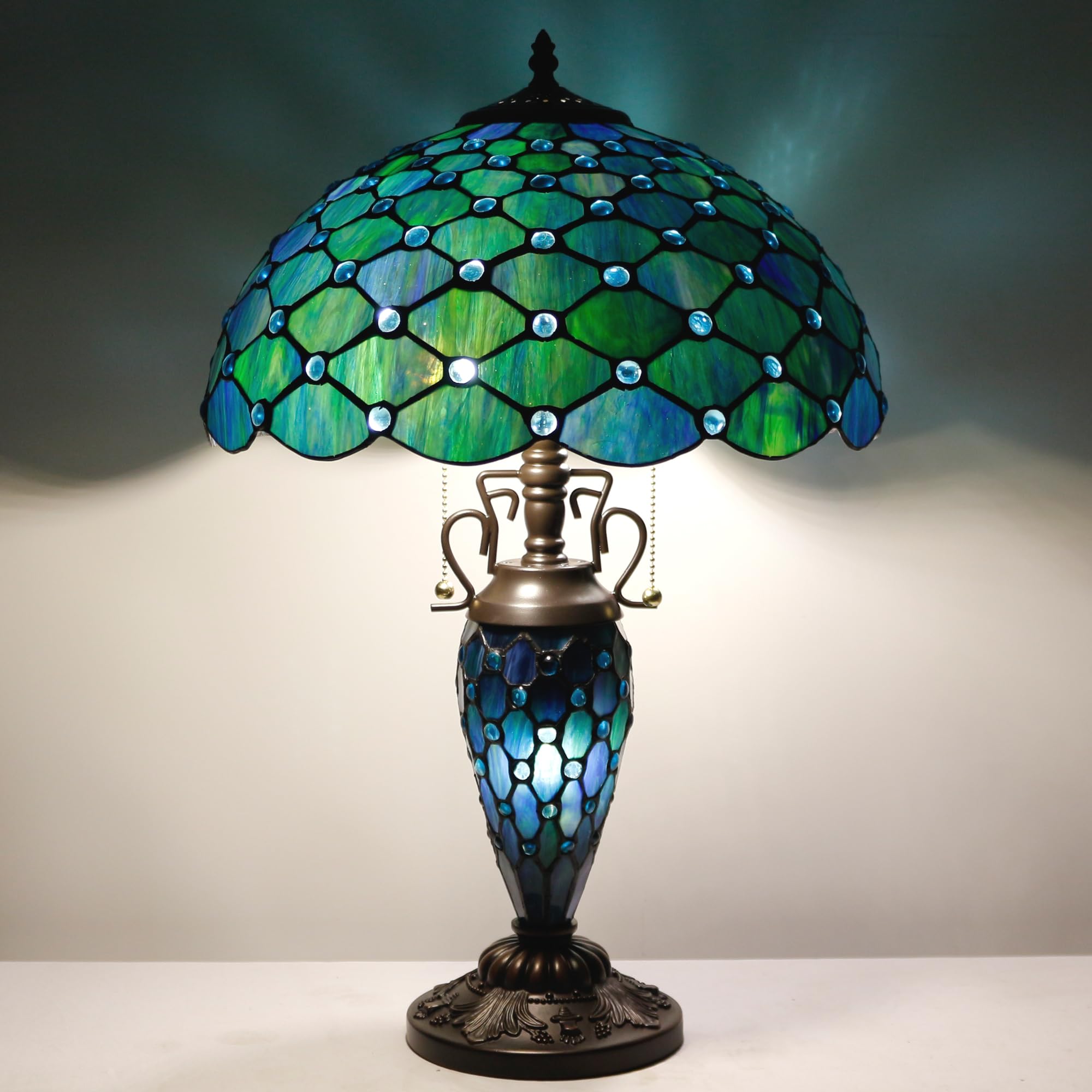 Tiffany Stained Glass Table Lamp - 16x16x24 Inch Antique Reading Lamp with Night Light, Sea Blue Pearl - Perfect for Living Room, Bedroom, and Office Decor