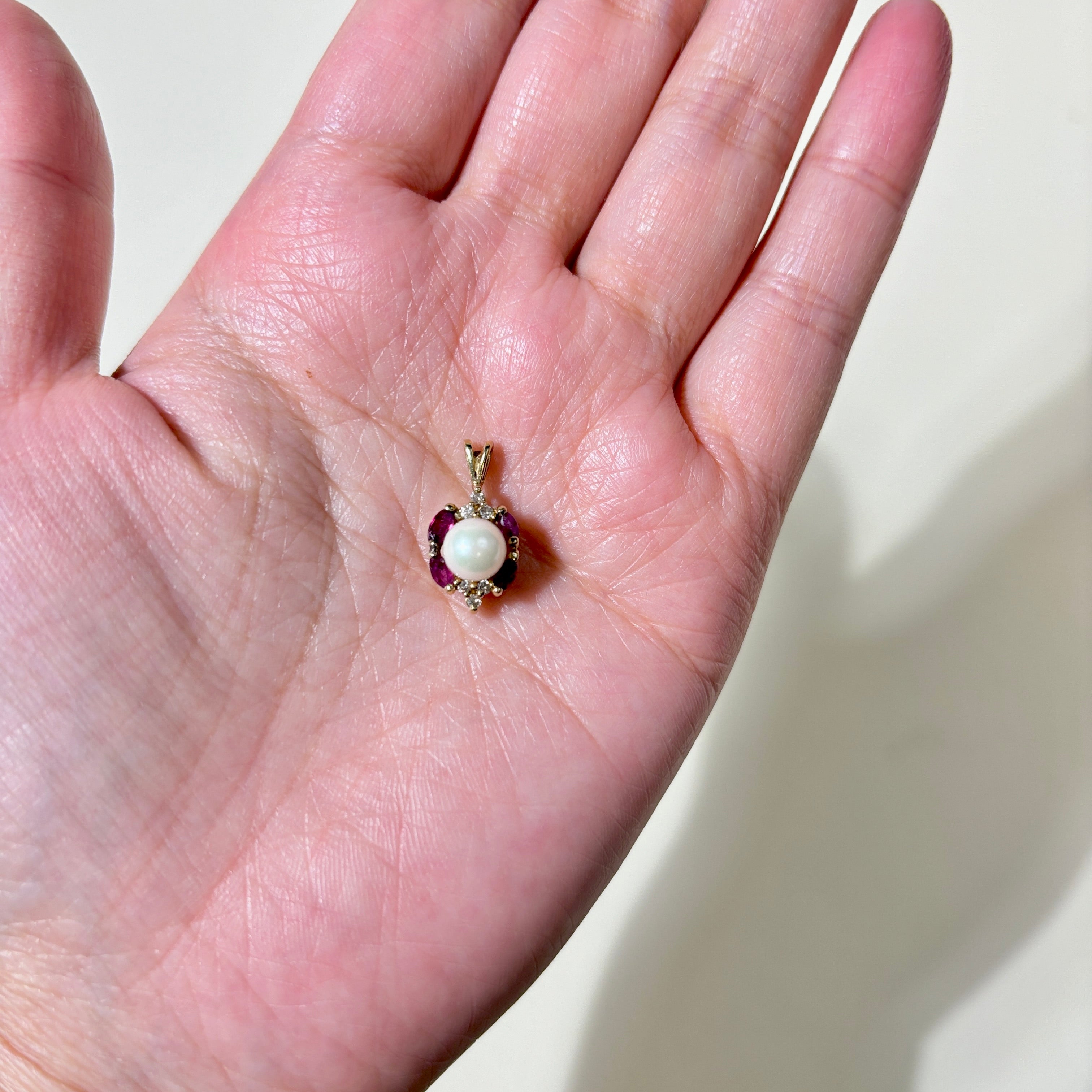 10K Yellow Gold Pearl, Red Spinel & Diamond Pendant Necklace - 6.57mm, 0.28ctw Spinel, 0.09ctw Diamonds | Elegant Jewelry Gift for Women, Perfect for Weddings, Anniversaries & Special Occasions