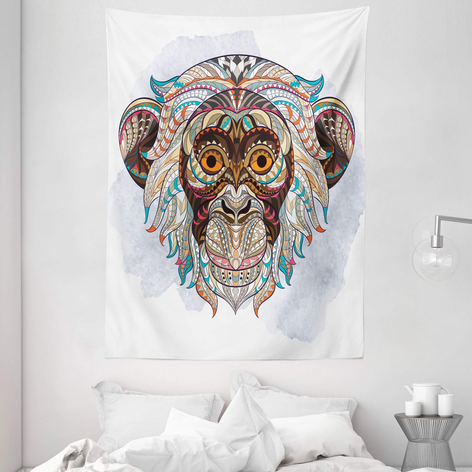 Ambesonne Grunge Tapestry - Monkey Head Totem Wall Art with Teal & Brown Tribal Pattern, 60x80 Inch Bohemian Wall Hanging for Bedroom, Living Room, Dorm Decor - Perfect for Boho Chic Home Decor & Hippie Themed Parties