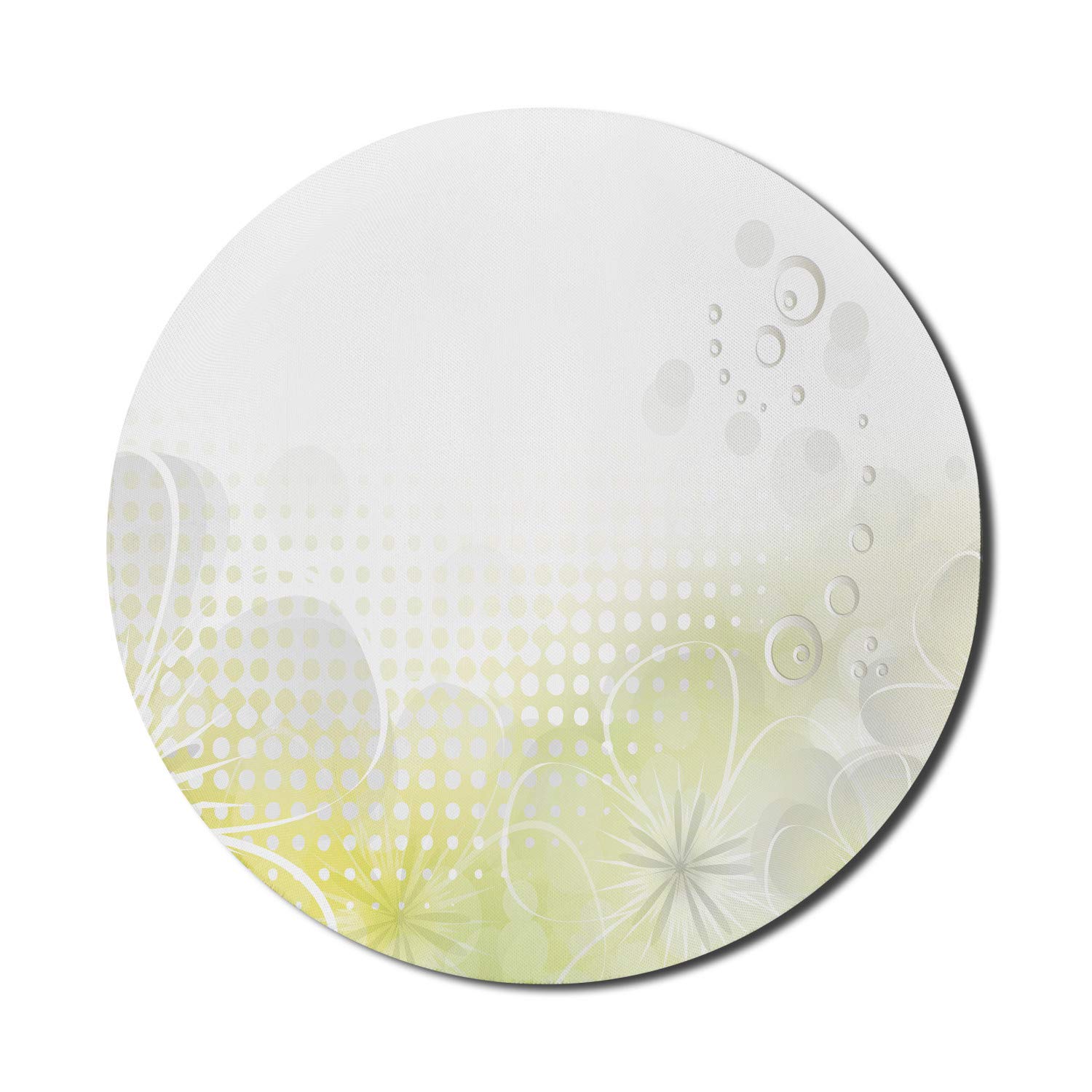 Ambesonne Round Non-Slip Gaming Mouse Pad - 8 Inch Abstract Grunge Design with Water Bubbles & Flowers in Pale Yellow & Grey | Thick Rubber Base for Computer, Office & Home Workspace