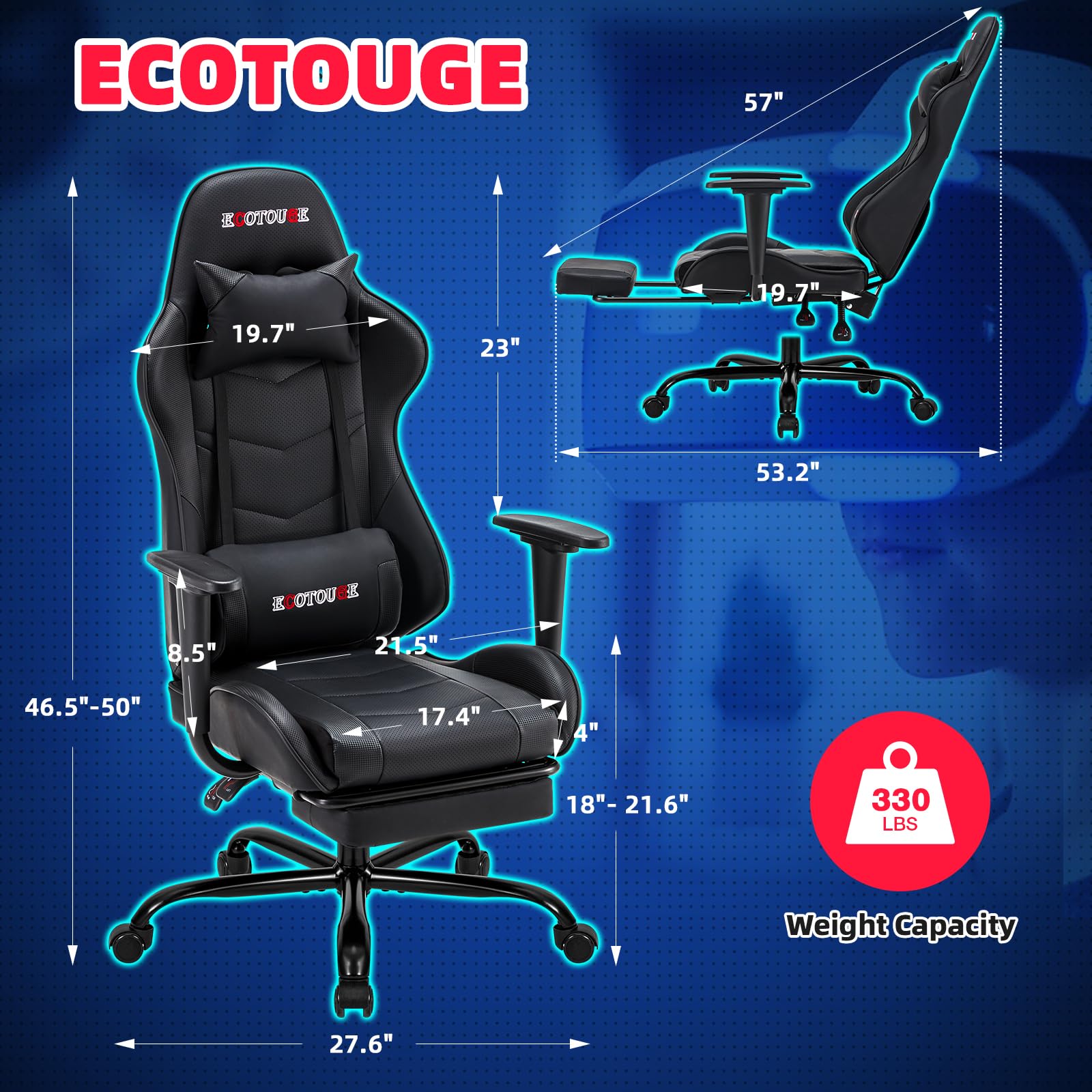 ECOTOUGE Ergonomic Gaming Chair with Footrest - PU Leather PC Massage Office Desk Chair, Recliner Swivel Rocker with Adjustable Headrest & Lumbar Support - Black - Perfect for Gaming, Working & Relaxing at Home