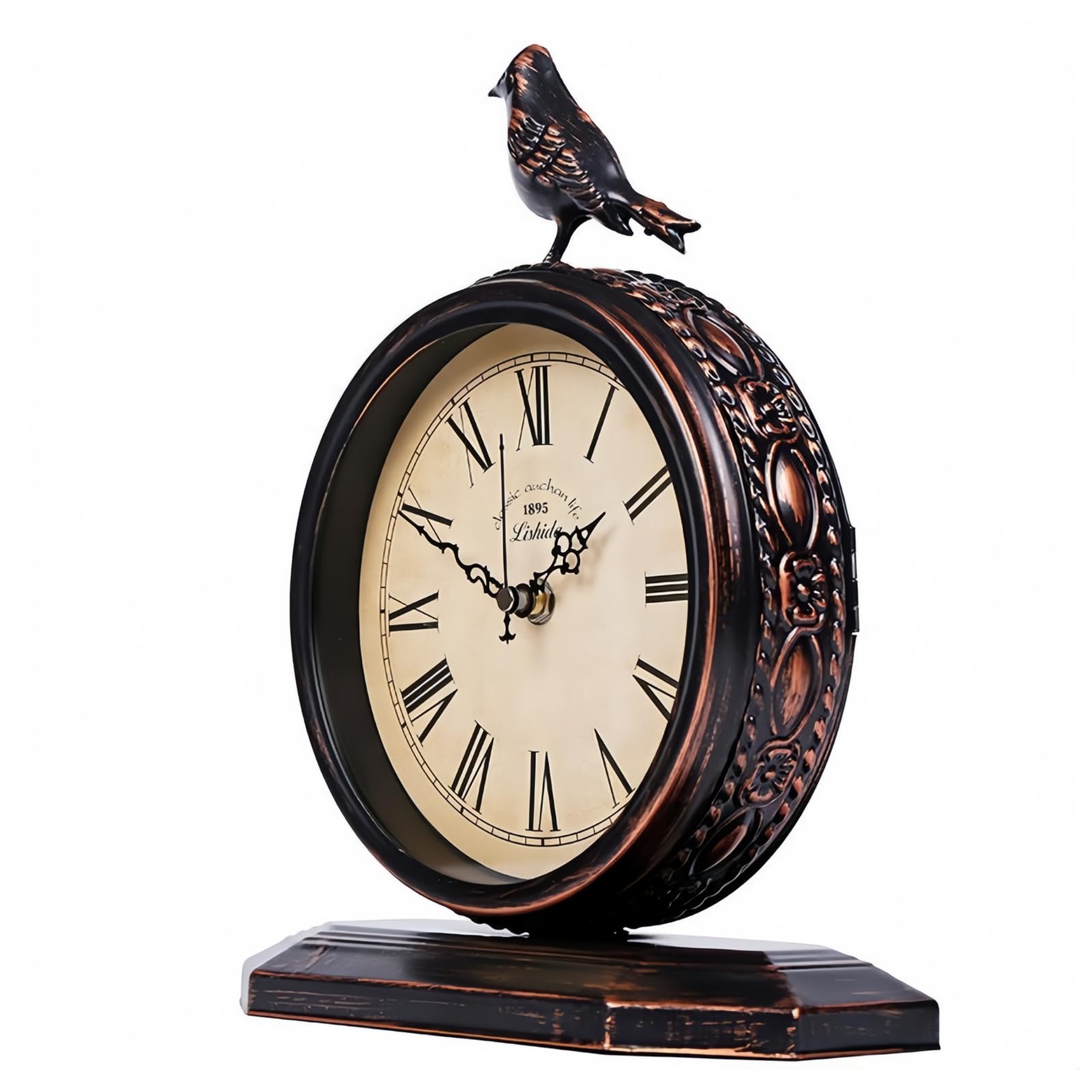 Vintage 8-Inch Antique Mantel Clock - Silent Non-Ticking Retro Table Clock with Roman Numerals for Living Room, Fireplace, Bedroom & Office Decor - Perfect Decorative Desktop Clock with Top Bird Design for Home & Workspace