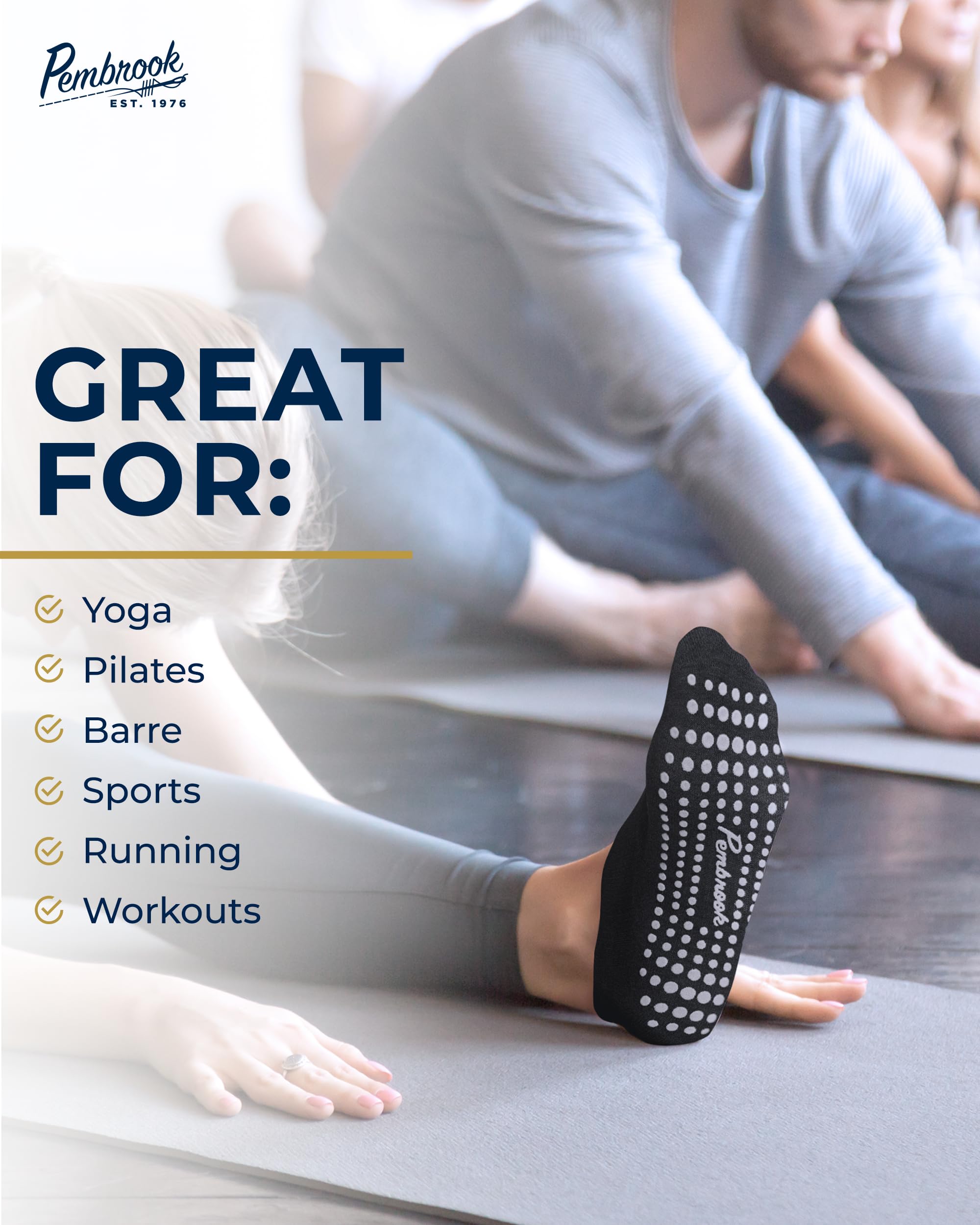 Pembrook Non-Slip Grip Socks - 6 Pairs Barre & Yoga Socks for Women & Men with Anti-Skid Dots | Perfect for Pilates, Dance, Workouts and Home Use
