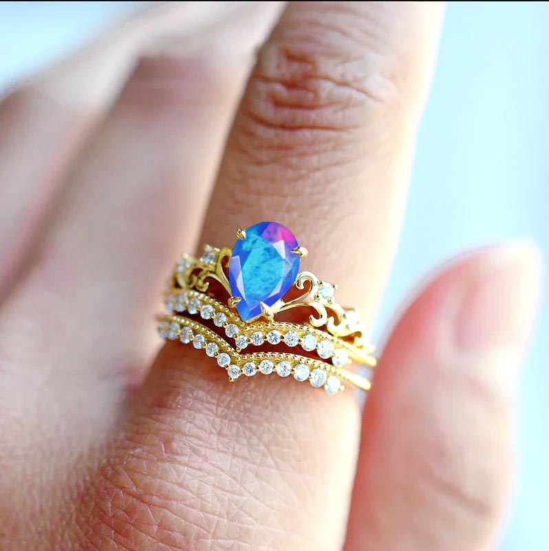 Blue Ethiopian Opal Gemstone Crown Style Ring – Handmade Sterling Silver Jewelry for Women | Perfect for Weddings, Parties & Special Occasions