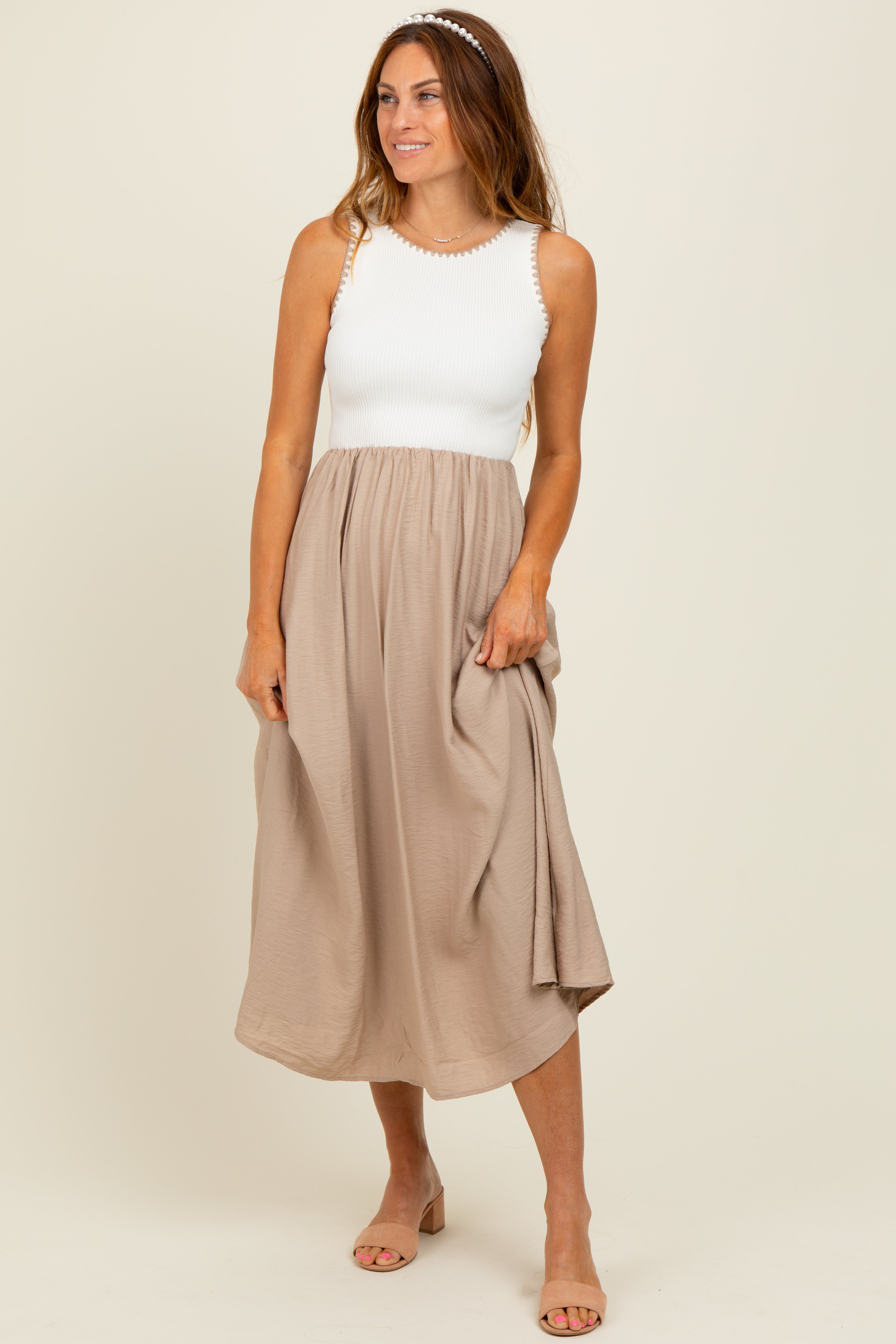 Beige Contrast Knit Sleeveless Maternity Midi Dress for Pregnancy - Comfortable Nursing Dress for Moms, Perfect for Baby Showers, Maternity Photos & Everyday Wear