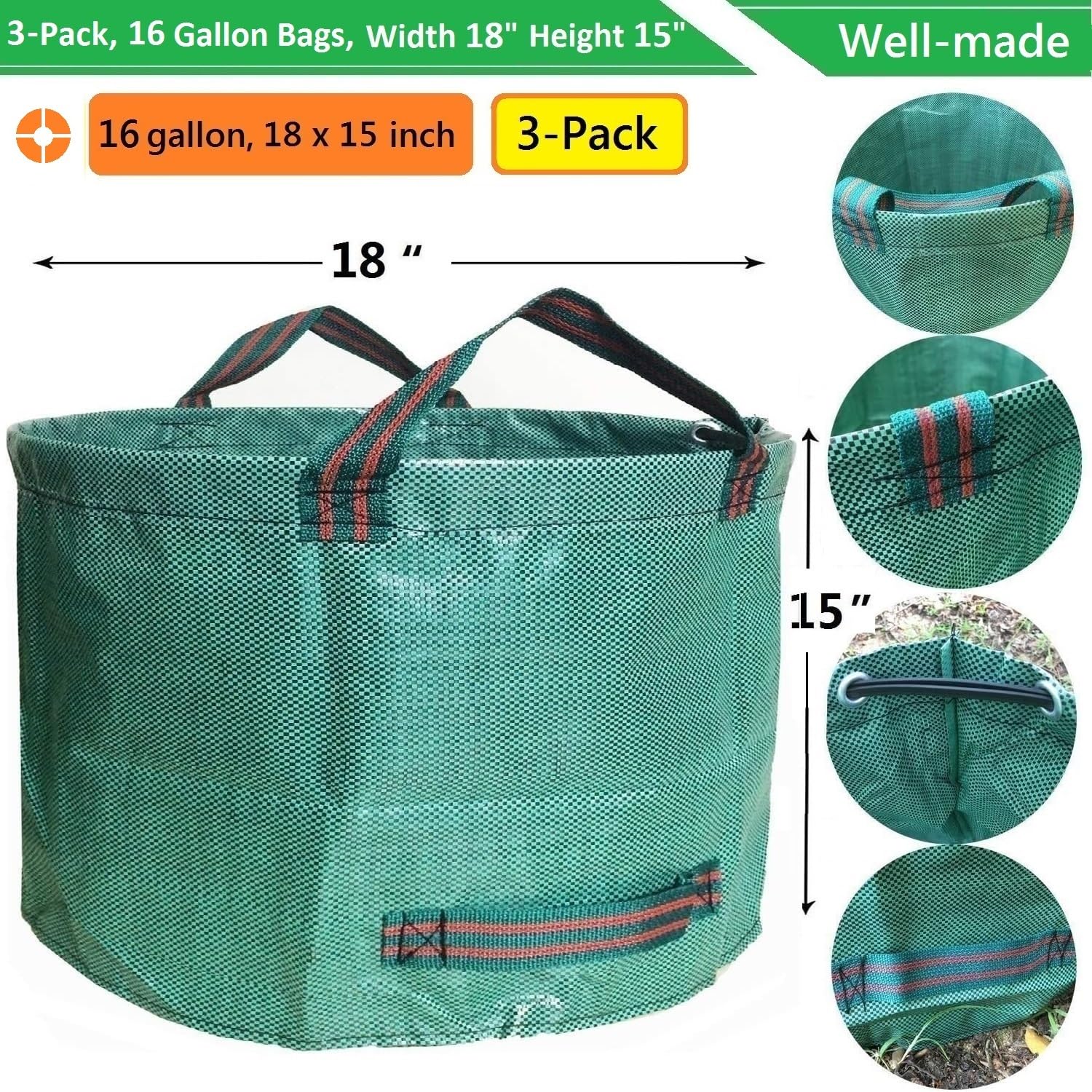 16 Gallon Heavy Duty Garden Waste Bags - 3 Pack with Coated Gardening Gloves | Durable Leaf Collection Bags, Patio Cleanup, Yard Waste Disposal, Reusable Trash Can & Laundry Container (18