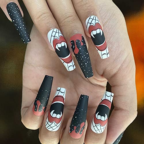 Florry Extra Long Coffin Press on Nails - 24Pcs Black Matte Acrylic Fake Nails for Women & Girls | Halloween, Party, Cosplay & Special Occasion Nail Art