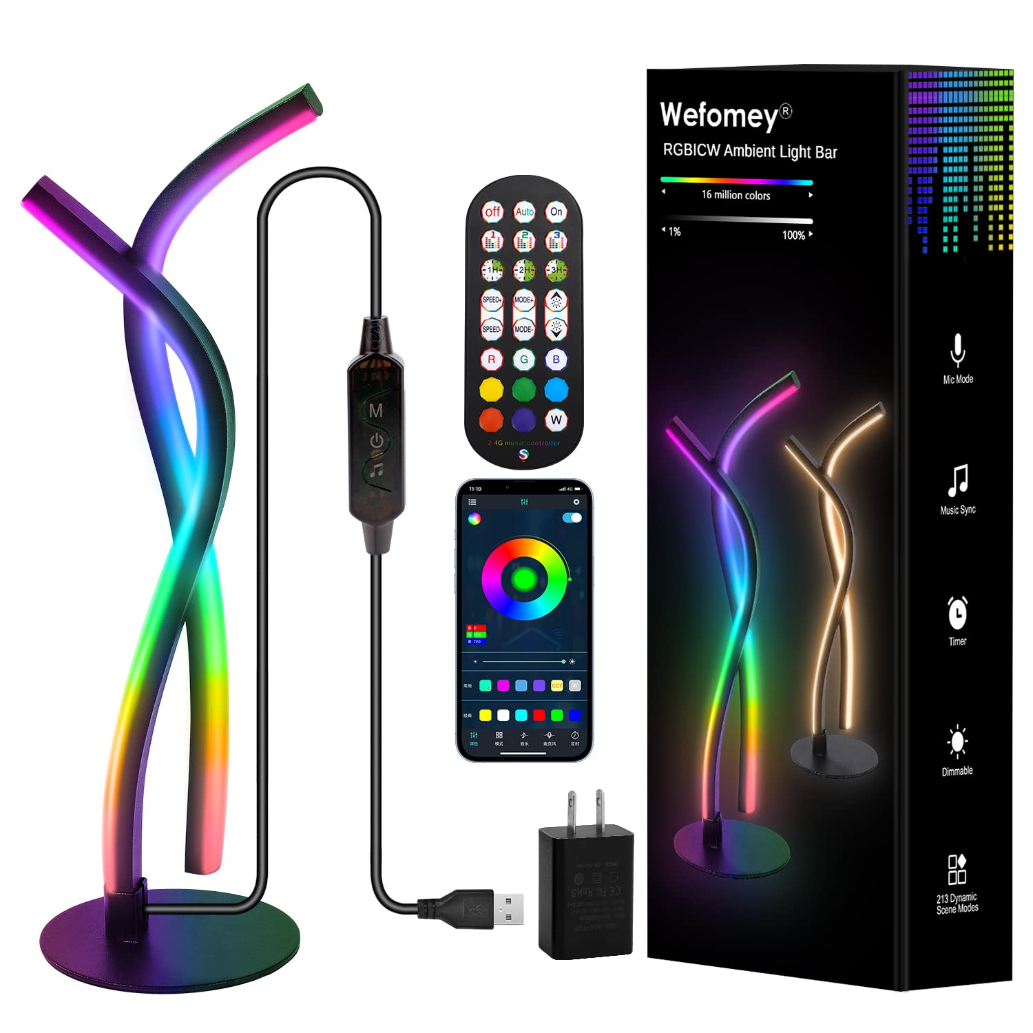 Wefomey Smart LED Table Lamp - RGBW IC Color Changing Dimmable Night Light with App & Remote Control, USB-Powered Modern Bedside Lamp for Bedroom, Living Room & Office | Perfect for Reading, Relaxation & Mood Lighting