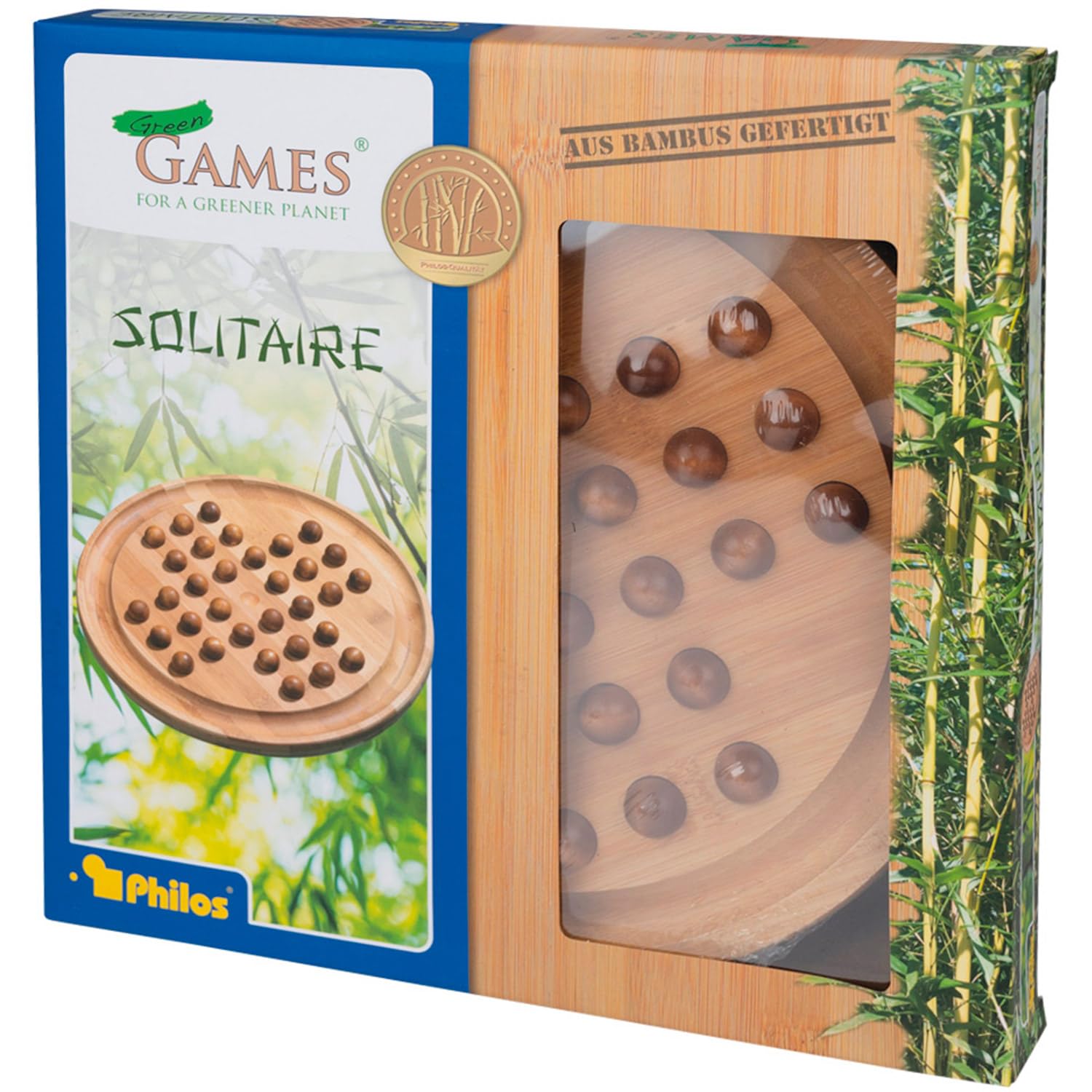 Premium Philos Large Bamboo Solitaire Board Game with 32 Wooden Marbles - Classic Strategy Game for Adults & Family Game Night, Perfect for Relaxation and Brain Training