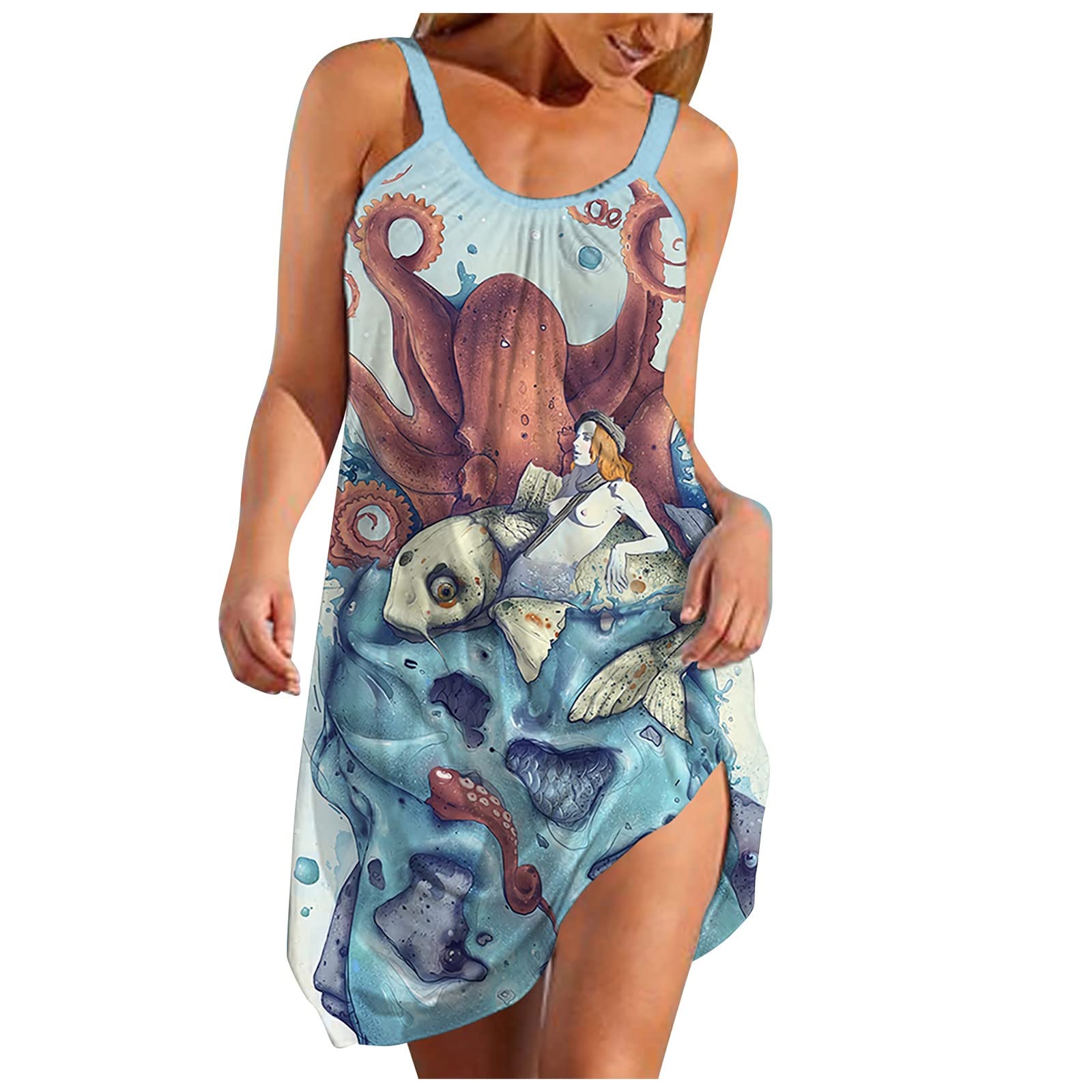 Plus Size Women's Summer Dresses - Sexy Sleeveless Cute Cartoon Print Beach Dress with Loose Hem | Perfect for Vacation, Pool Party & Casual Outings