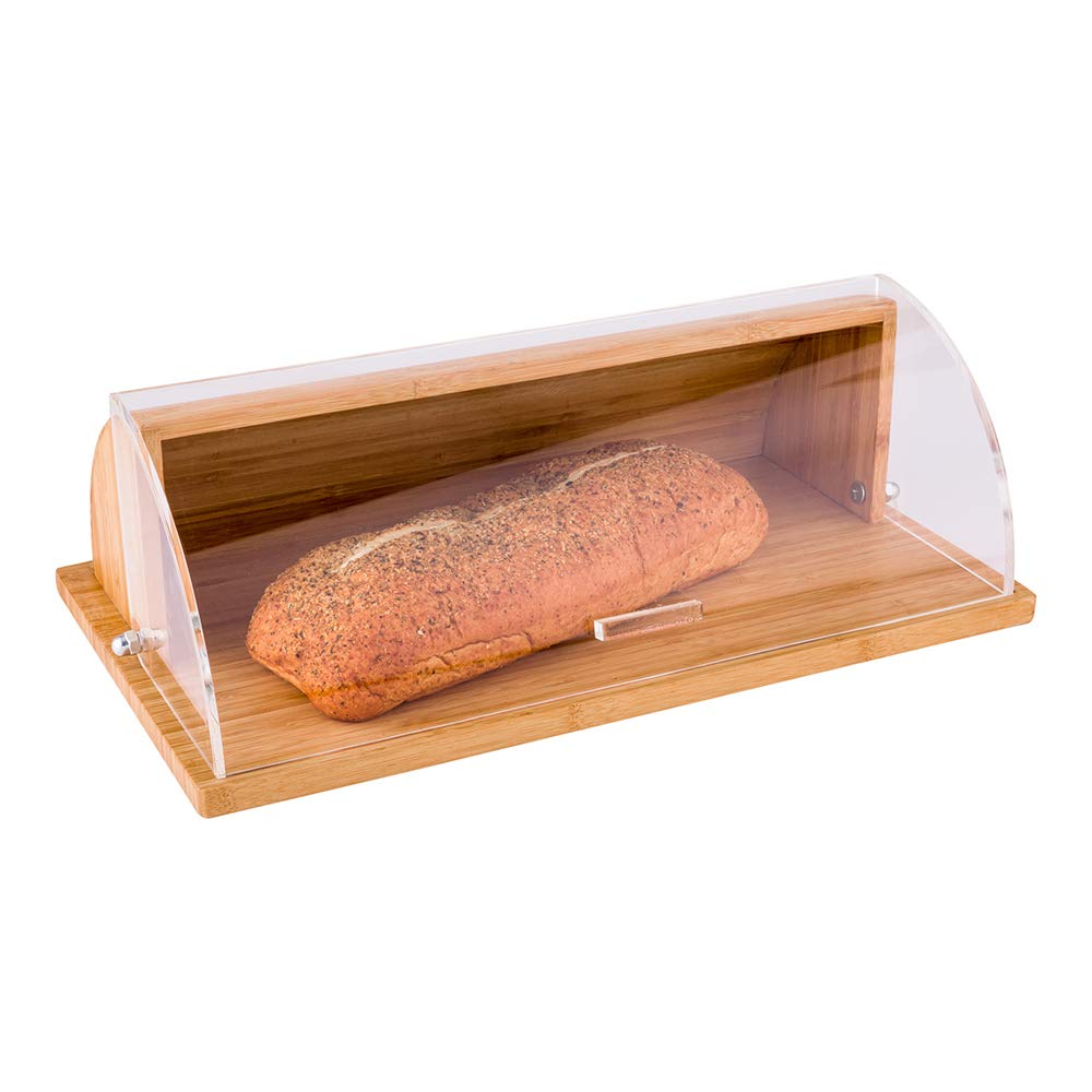 20 x 11.5 x 6.5 Inch Natural Bamboo Bread Box with Clear Shatter-Proof Lid - Wooden Roll Top Food Storage Container for Kitchen Countertop, Pantry & Restaurant Use - Perfect for Storing Bread, Pastries & Baked Goods