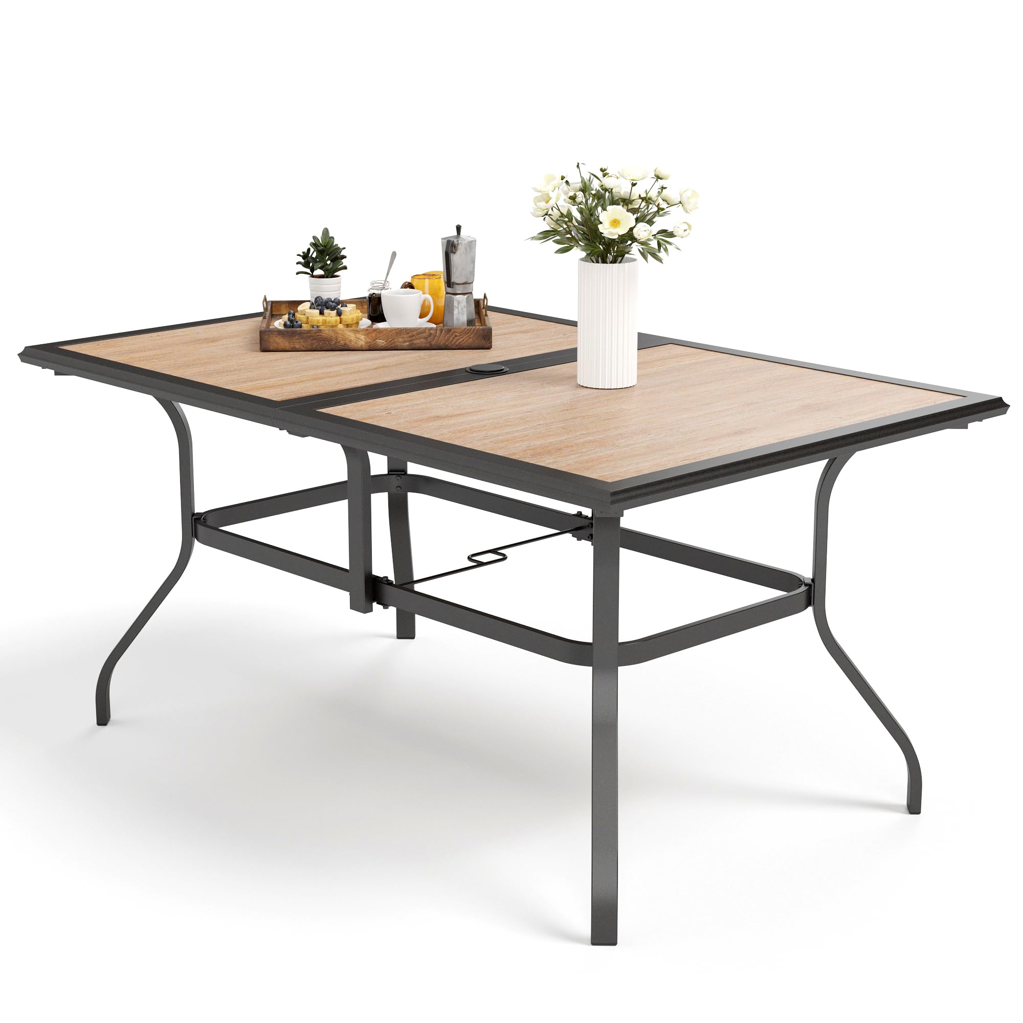 MFSTUDIO 6-Person Outdoor Patio Dining Table - Rectangular Metal Frame with Weather-Resistant Wood-Look Top - Perfect for Backyard, Deck, Garden & Poolside Dining with Umbrella Hole