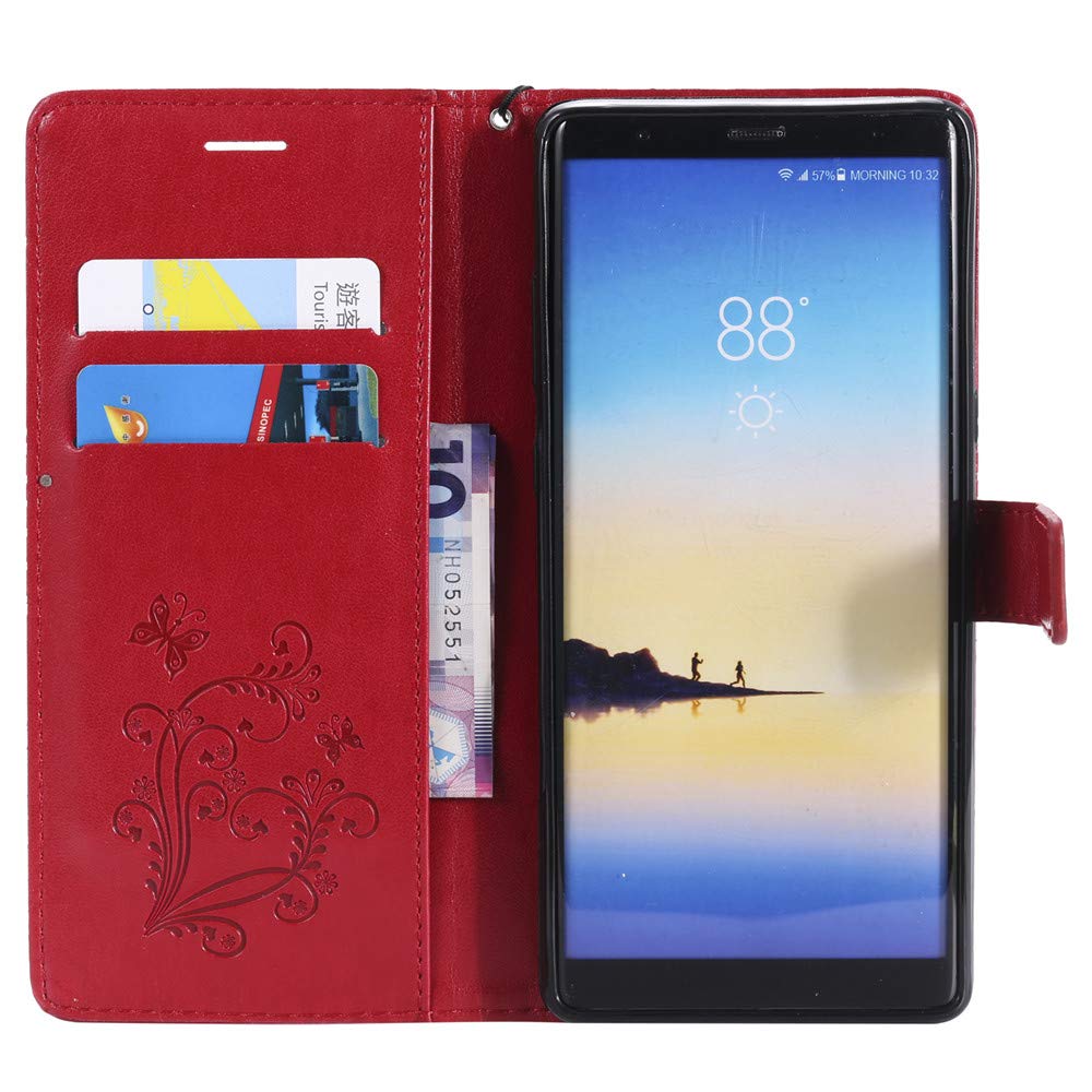 Samsung Galaxy Note 8 Case - Butterfly Embossed Magnetic Clasp Wallet Cover with Hand Strap | Slim Protective Phone Case for Women | Perfect for Work, Travel & Everyday Use (Red)