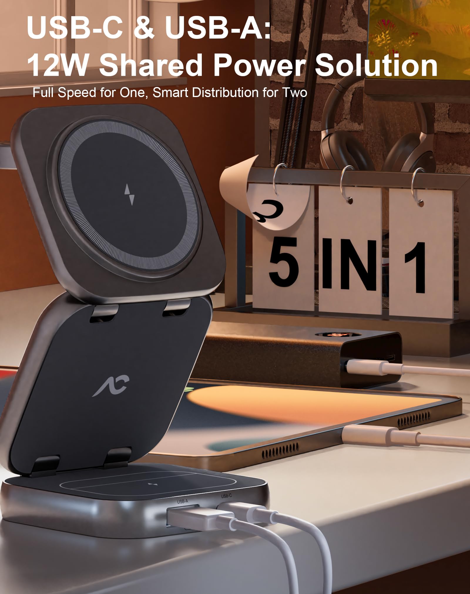 5-in-1 Magnetic Wireless Charging Station for iPhone 16/15/14/13 Series - 15W Fast Charging Foldable Stand with AC Island Design - Compatible with Apple Watch & AirPods (Includes 35W Adapter) - Perfect for Home, Office & Travel Charging Needs