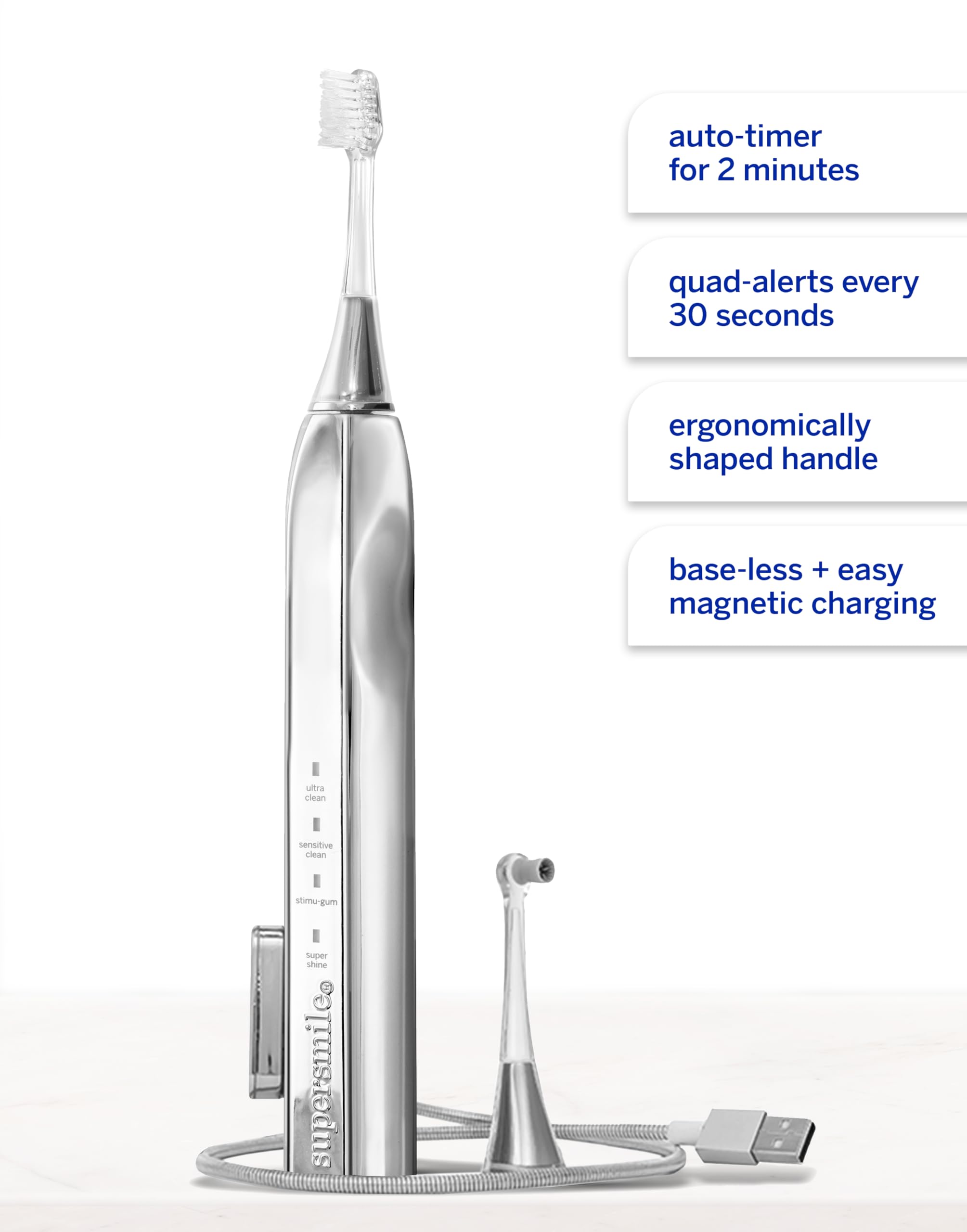 Supersmile Zina45 Deluxe Sonic Pulse Electric Toothbrush - Rechargeable Teeth Whitening Toothbrush with 45,000 VPM, Silver | Perfect for Travel & Daily Oral Care Routine