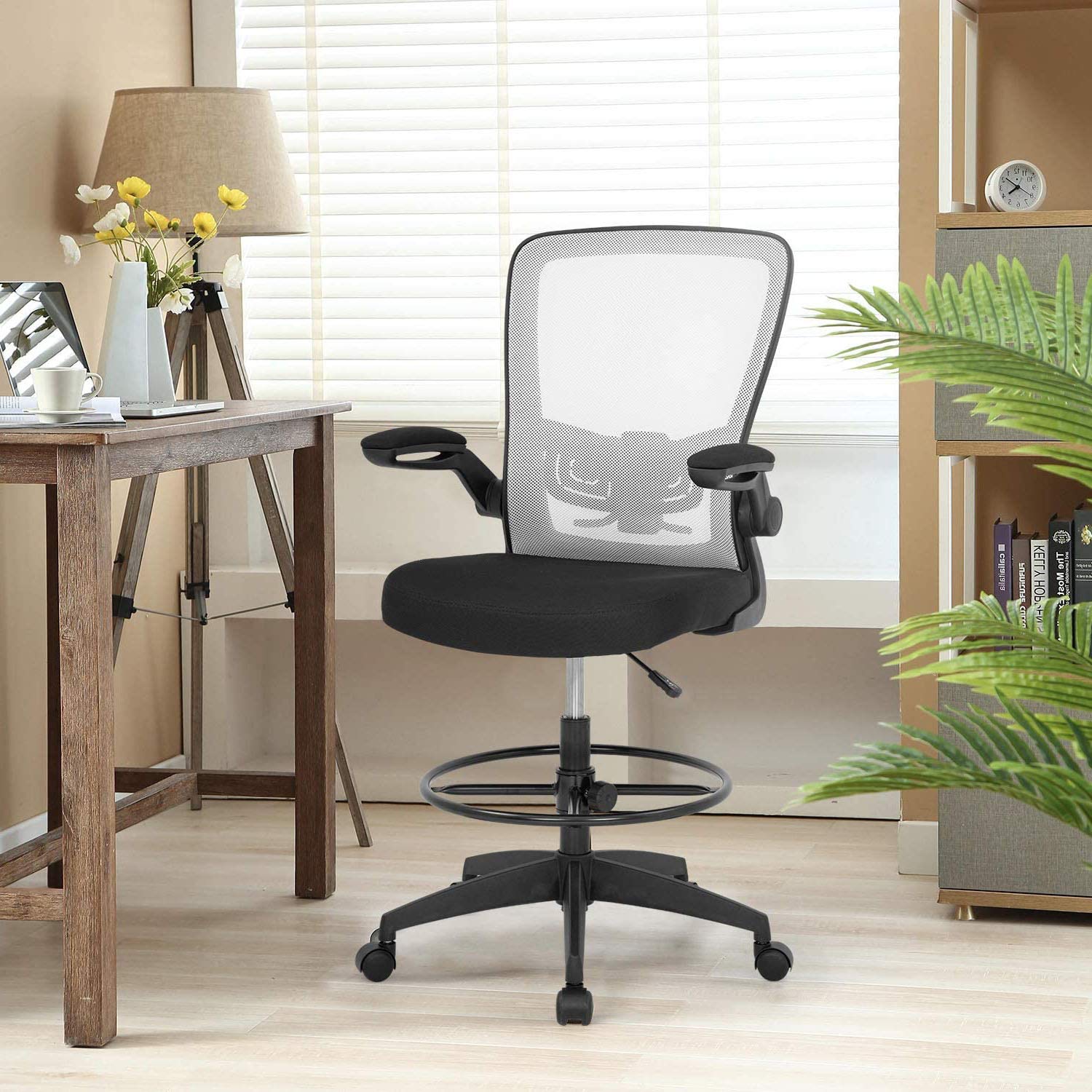 Ergonomic Adjustable Height Drafting Chair for Standing Desk - Mesh Back Office Chair with Flip-Up Arms, Footrest & Lumbar Support - Mid Back Rolling Swivel Computer Stool for Home & Office (White) - Perfect for Architects, Designers & Long Work Sessions
