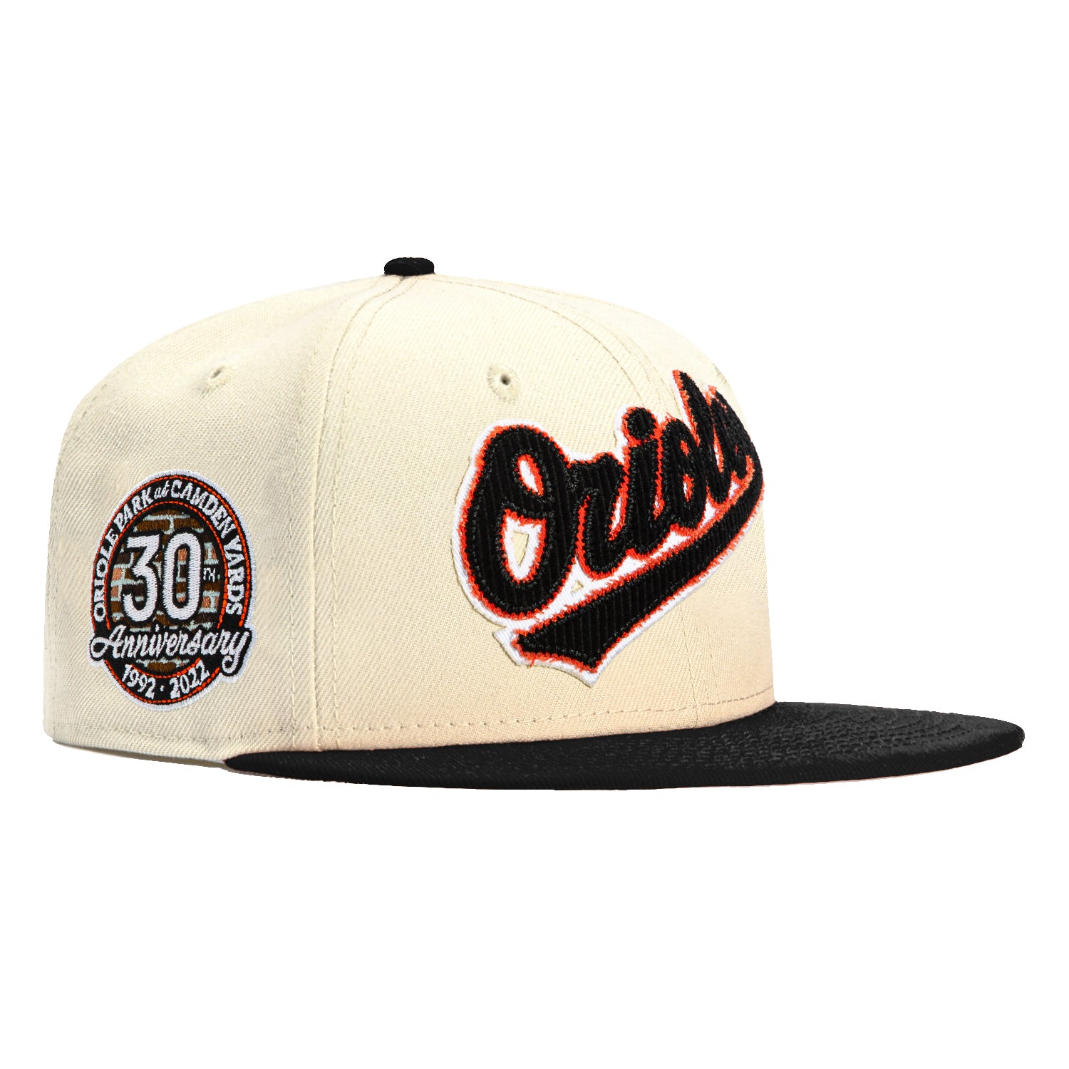 New Era 59Fifty Corduroy Baltimore Orioles 30th Anniversary Patch Baseball Cap - White & Black Adjustable Snapback Hat for MLB Fans, Streetwear & Sports Events