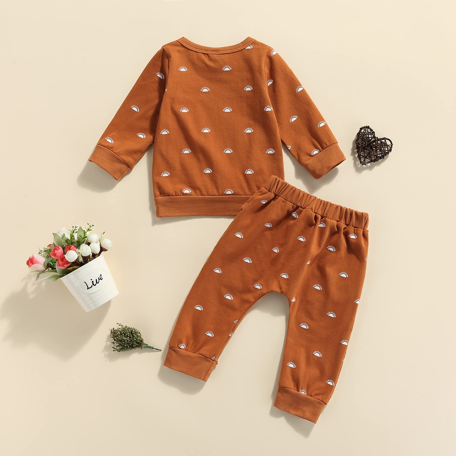 **Newborn Baby Boy & Girl 2-Piece Spring & Autumn Outfit Set – Sun Print Long Sleeve Crew Neck Pullover Sweatshirt & Pants (Brown Sun, 6-12 Months) – Perfect for Playdates, Family Photos & Casual Outings**