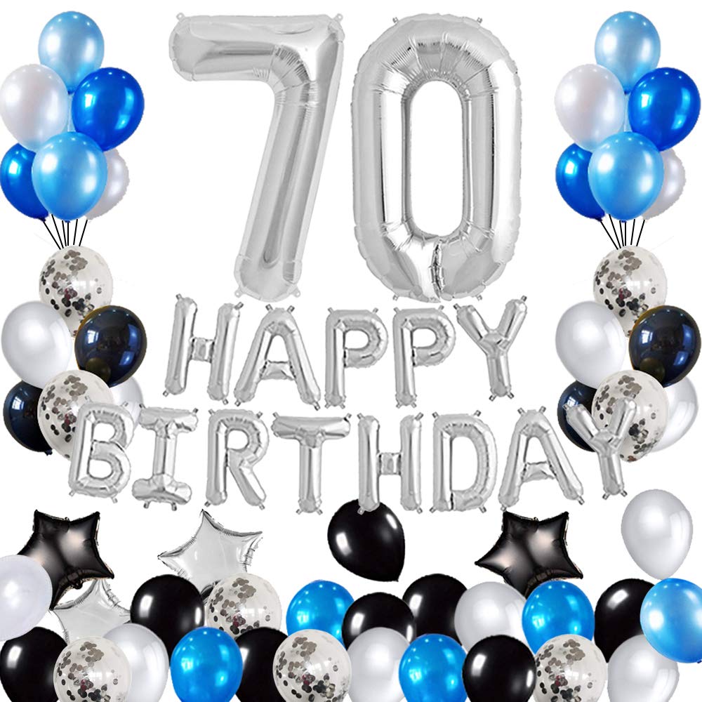 70th Birthday Party Decorations Set - Happy Birthday Foil Banner, Number 70 & Star Foil Balloons, 47pcs Blue & Silver Latex Balloons for Anniversary Celebration, Retirement Party, Milestone Decoration