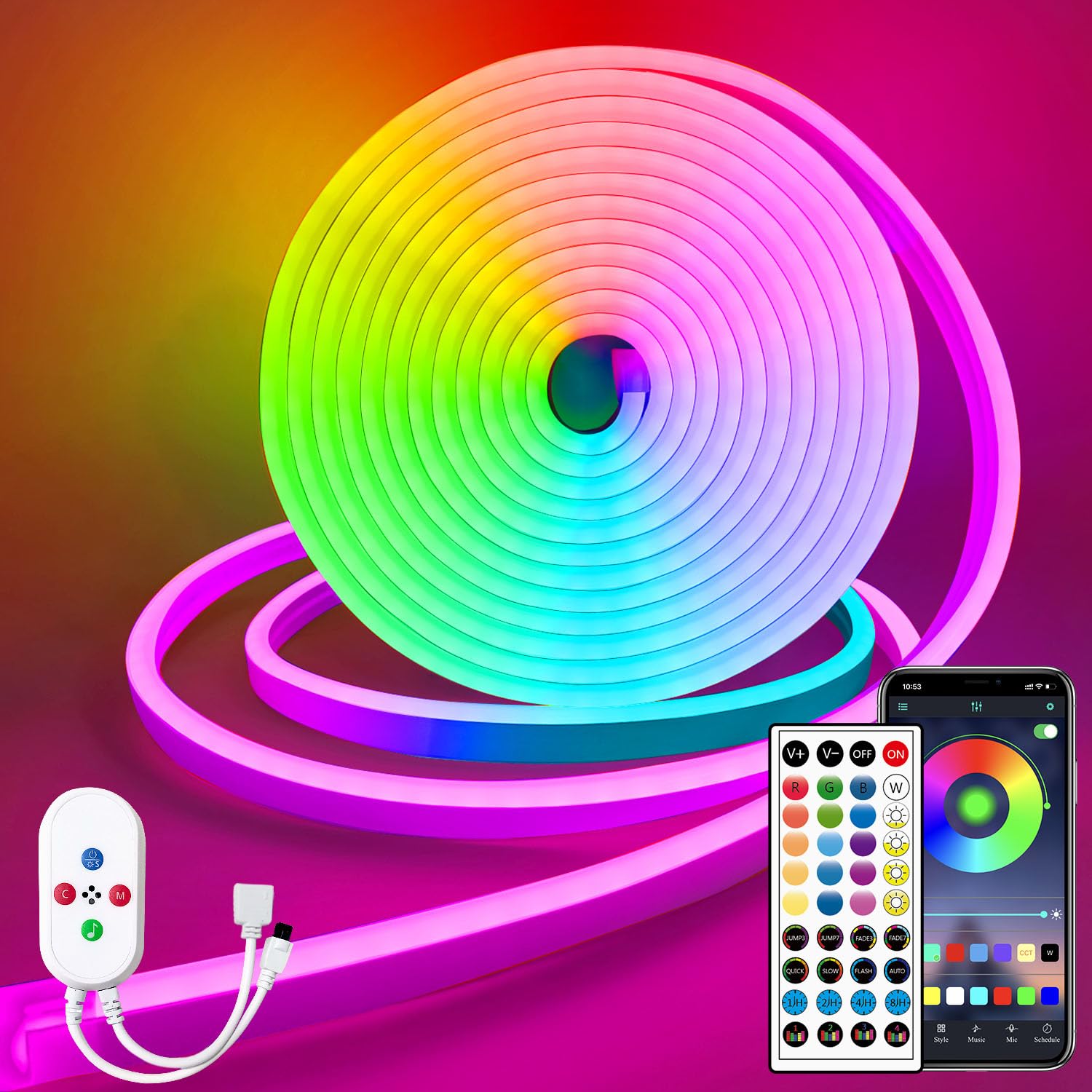 16.4ft RGB 24V LED Neon Lights with Remote & APP Control, IP65 Waterproof Flexible Neon Rope Lights for Bedroom, Living Room, Outdoor Decor - Perfect for Parties, Weddings, and Home Lighting