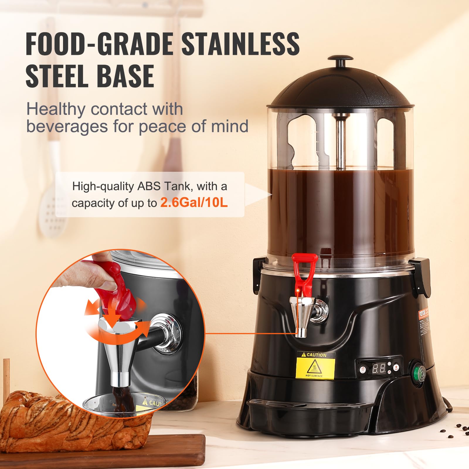 VEVOR 2.6 Gal Hot Chocolate Dispenser Machine with Adjustable Temperature 86°F-194°F, High-Quality ABS Tank for Hot Drinks - Perfect for Cafes, Restaurants, and Home Use