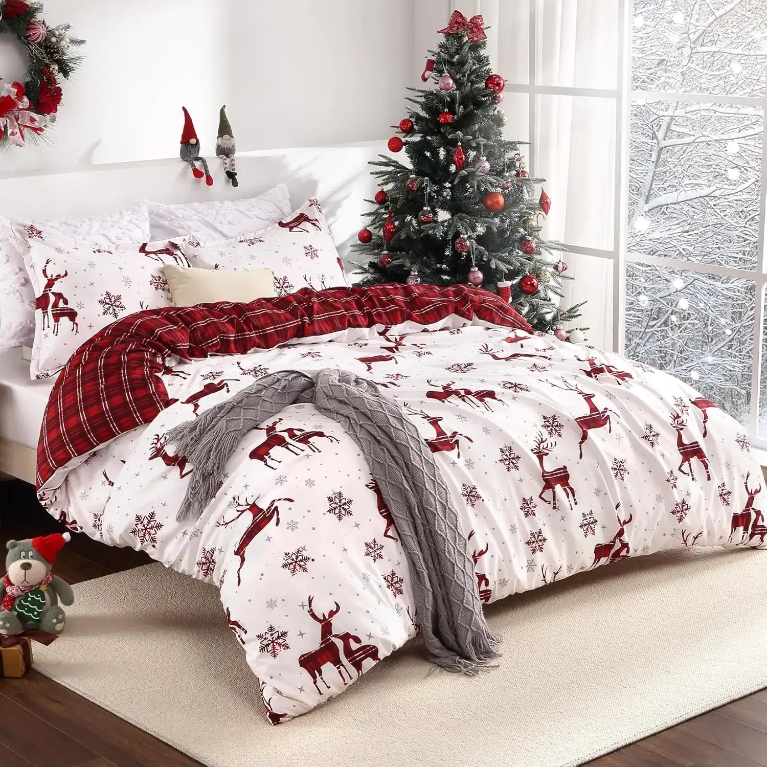 Merry Christmas Duvet Cover Set - Red Elk & Snowflake Bedding for Holiday Decor | Cozy Winter Bedroom Upgrade | Perfect Christmas Gift for Family & Friends