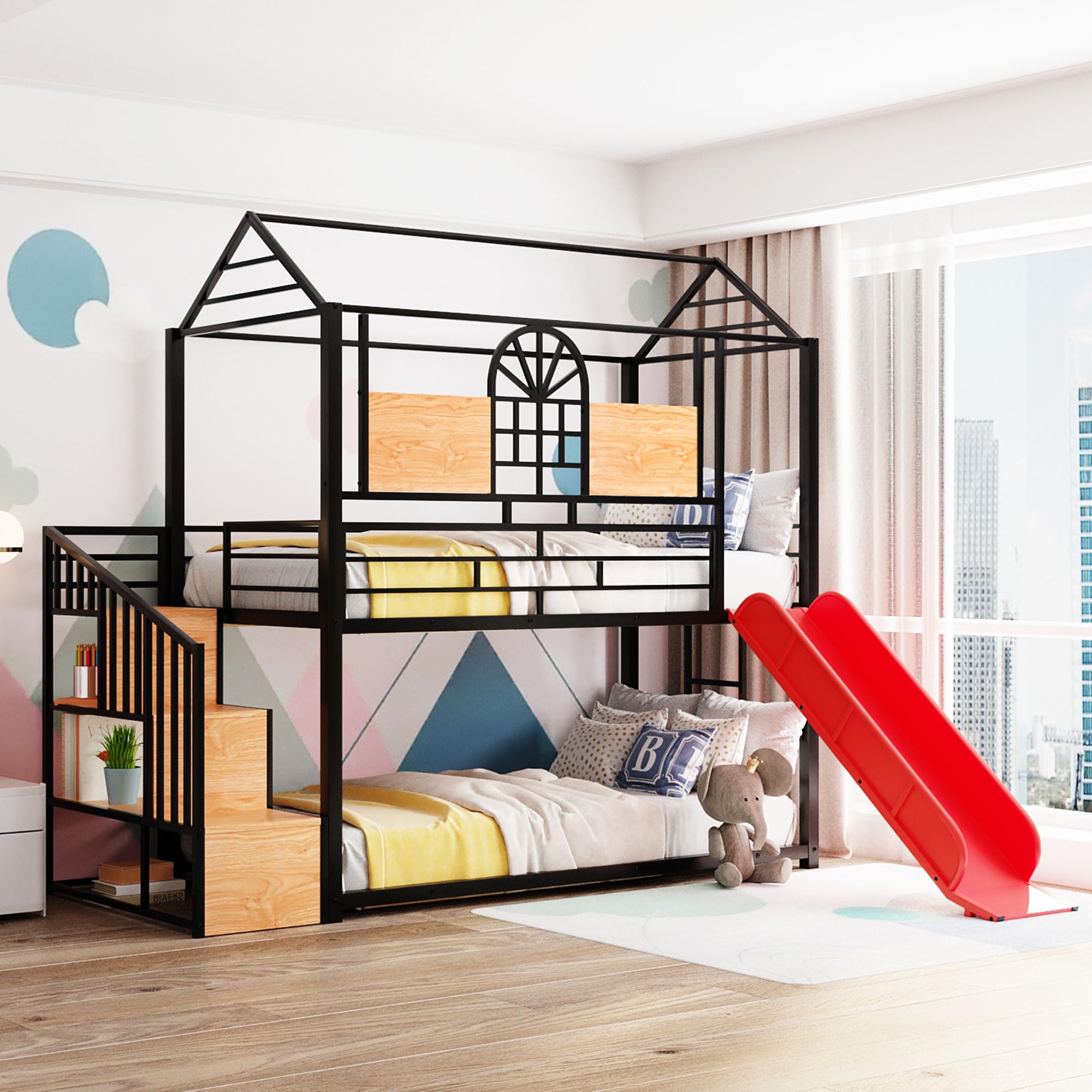 Harper & Bright Designs Twin Over Twin Bunk Bed with Slide & Convertible Staircase - Kids Metal Bunk Bed Frame with Storage - No Box Spring Needed - Black & Red - Perfect for Kids' Bedrooms, Guest Rooms & Space-Saving Solutions
