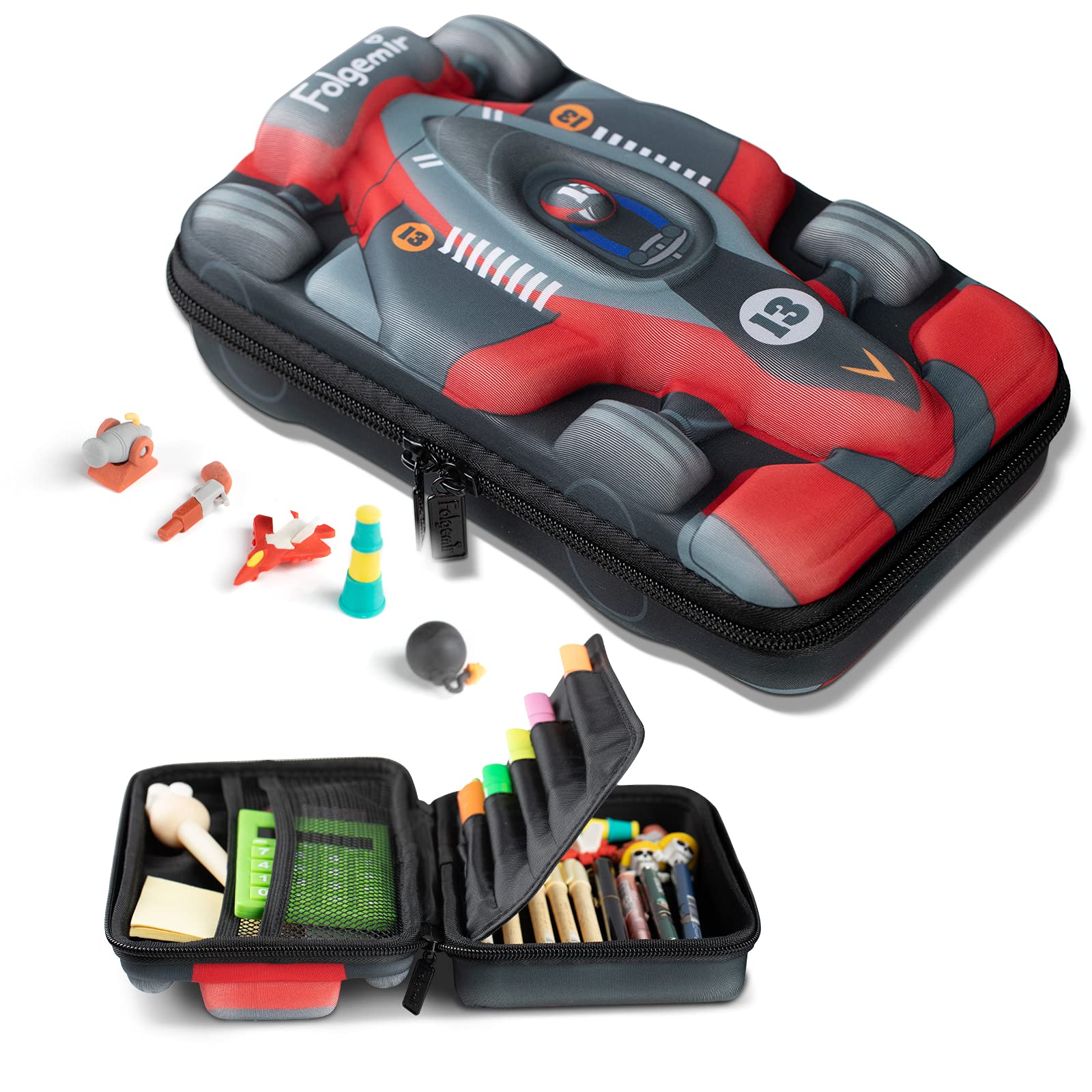 High-Capacity EVA Sports Car Pencil Case - Waterproof Multifunctional Pen Holder with Compartments, School Stationery Organizer for Students (Grey Red, 9.05 x 5.12 x 3.54 inches) - Perfect for School, Office & Travel Supplies Storage