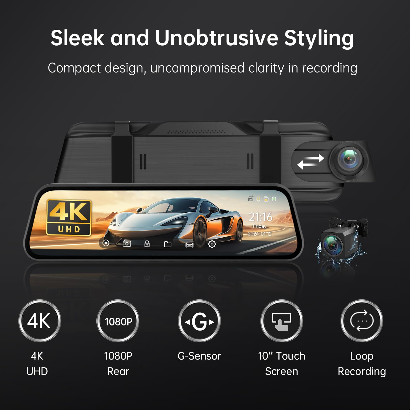 4K Rear View Mirror Dash Cam with 10