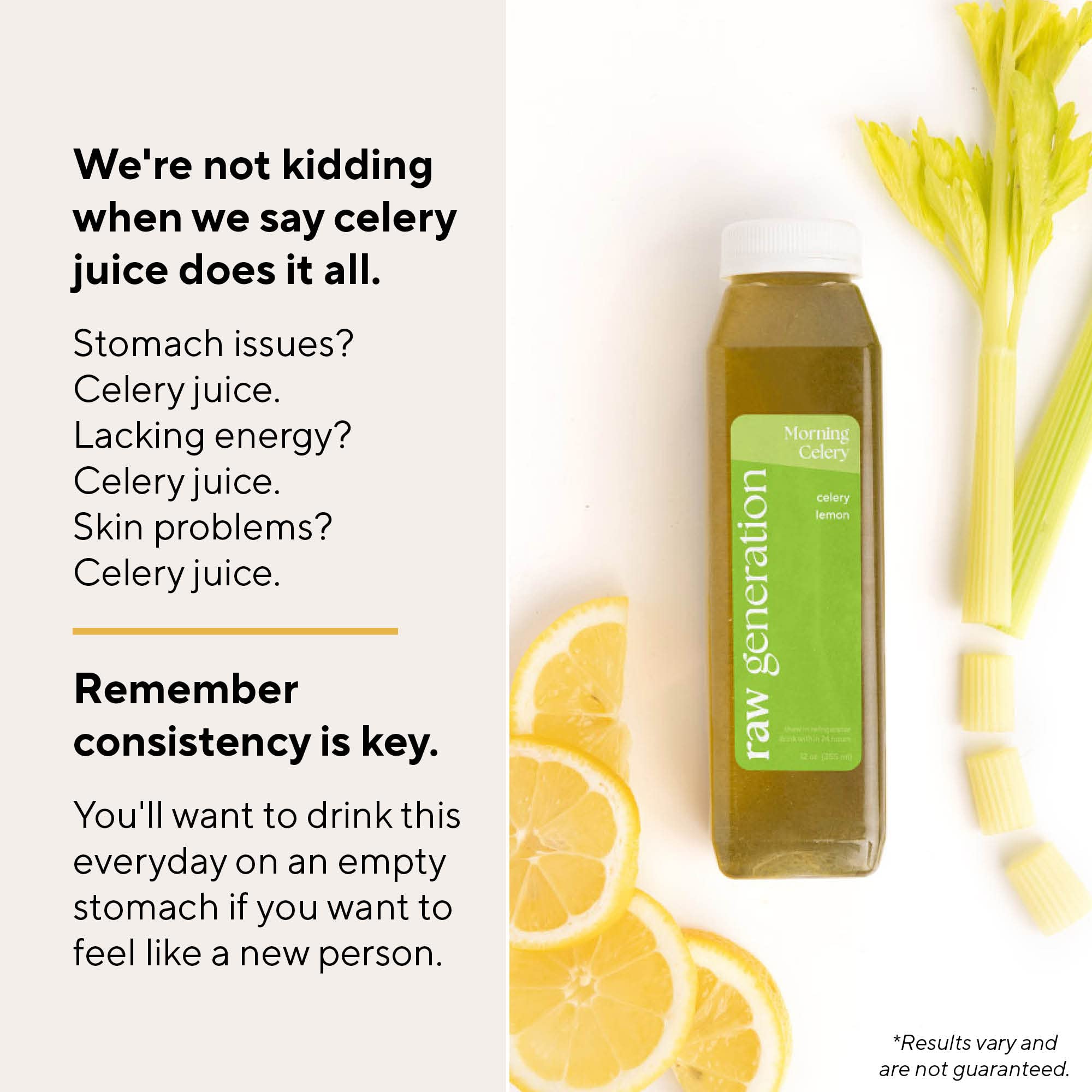 Raw Generation Morning Celery Juice - Cold-Pressed Daily Health Drink (18-Pack) with Lemon | Supports Gut Health, Boosts Energy | Best Taken Daily on Empty Stomach | Perfect for Detox, Weight Loss & Morning Routine