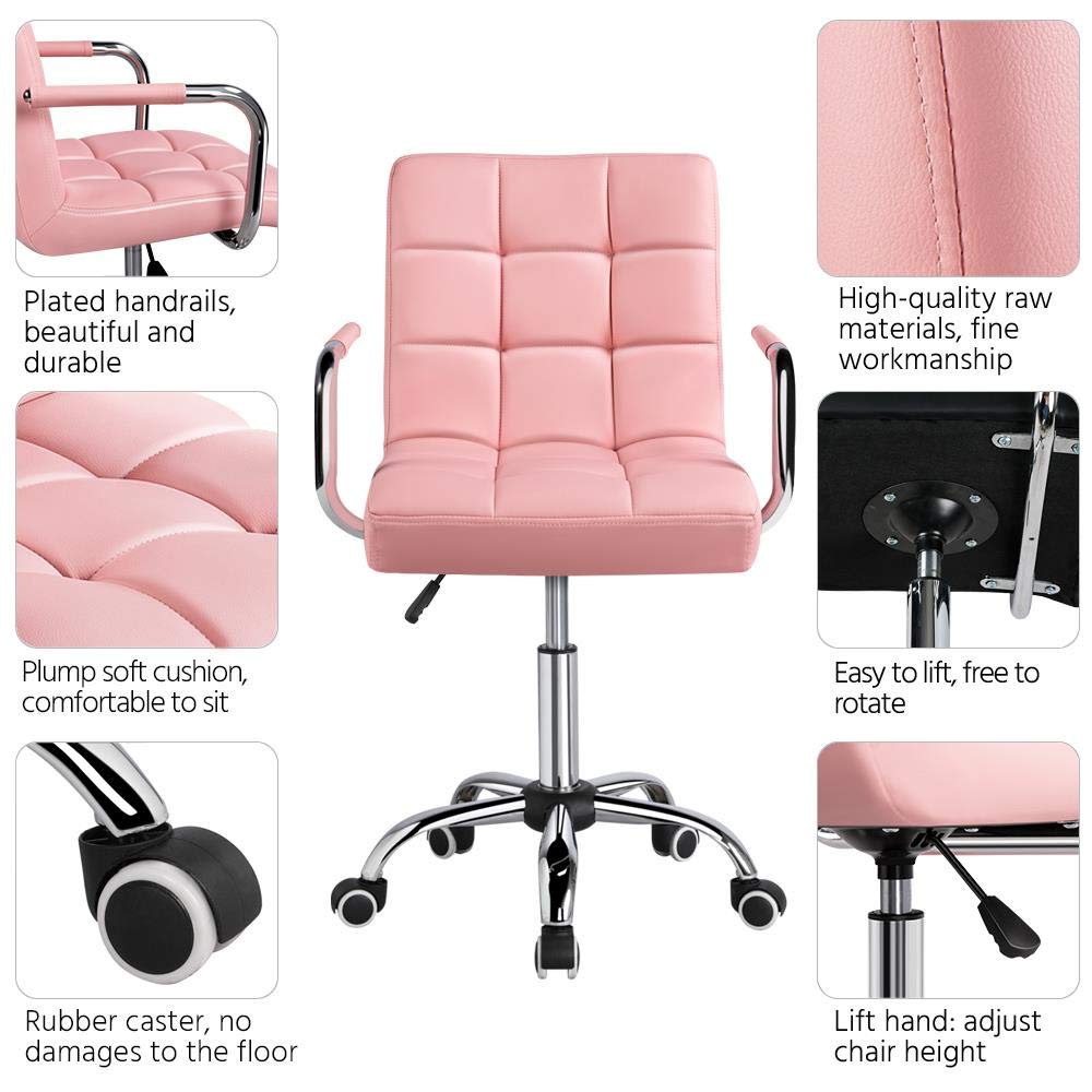 Yaheetech Pink PU Leather Ergonomic Office Chair - Adjustable Height, Rolling Wheels, Comfortable Desk Chair for Home, Office & Gaming Use