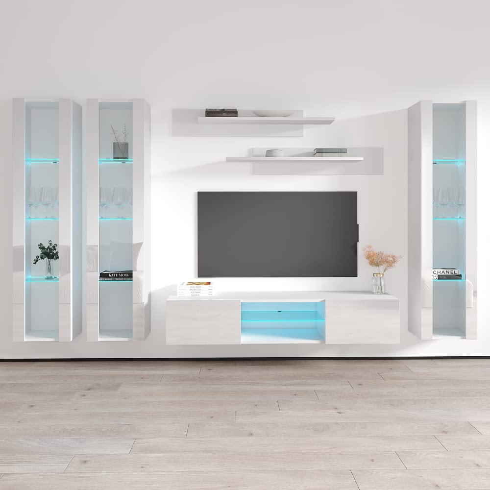 Modern Floating TV Stand with Storage & LED Lights - Wall-Mounted Entertainment Center Console for Bedroom & Living Room - White TV Cabinet with Shelves for Gaming & Home Theater Setup - Meble Furniture Fly CD2 33TV Stand