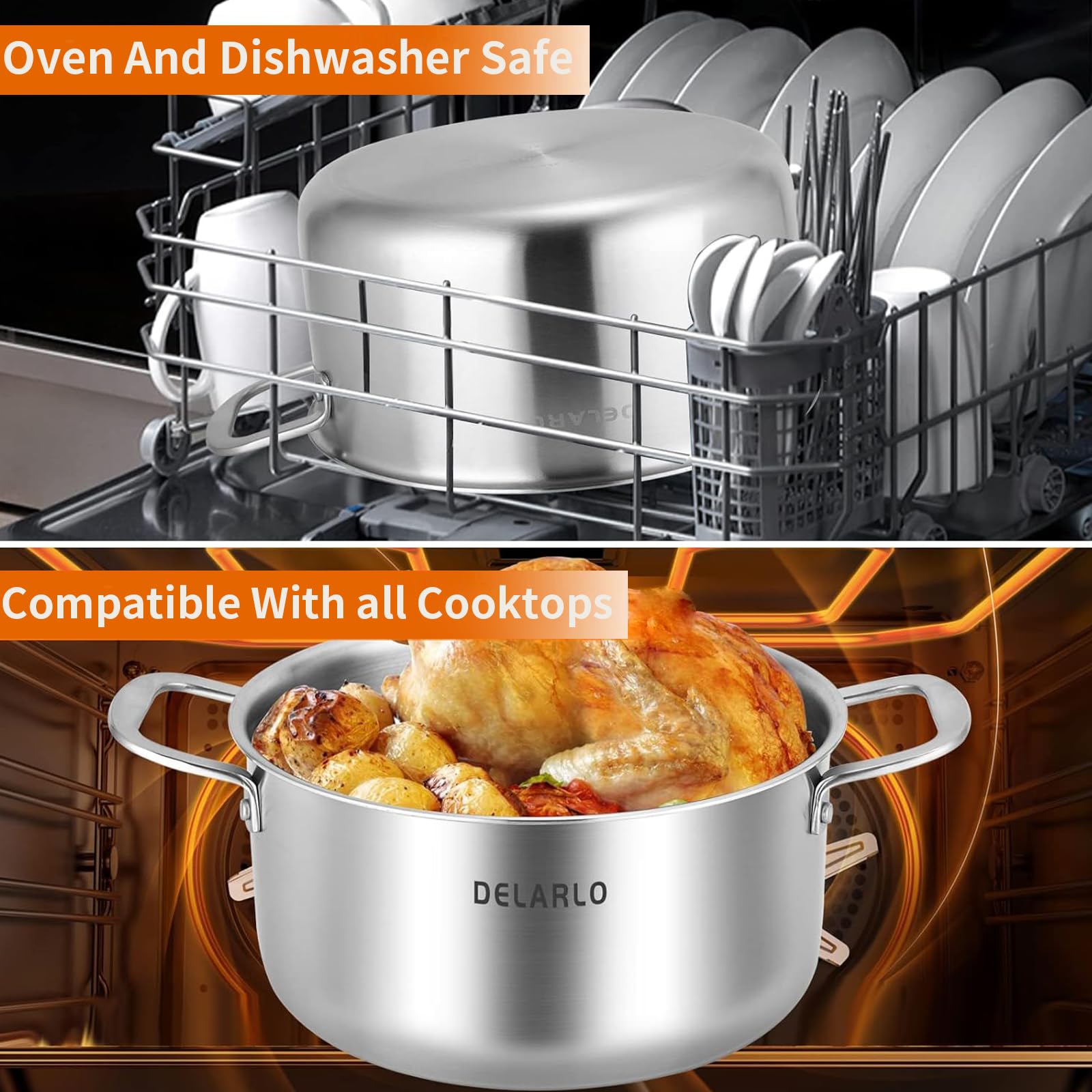 DELARLO 6QT Tri-Ply Stainless Steel Cooking Pot with Lid - Induction Compatible, Durable 18/10 Deep Sauce Pan for Pasta, Soup & Stews - Works on Gas, Electric & Induction Stovetops (Up to 600°F) - Perfect for Home Cooking & Professional Kitchens
