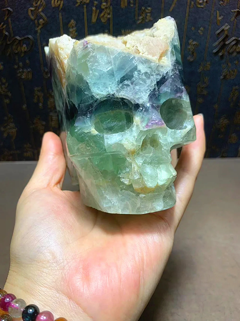 Natural Quartz Crystal Hand Carved Fluorite Skull - Unique Home Decor & Spiritual Healing Stone for Meditation, Yoga, and Feng Shui