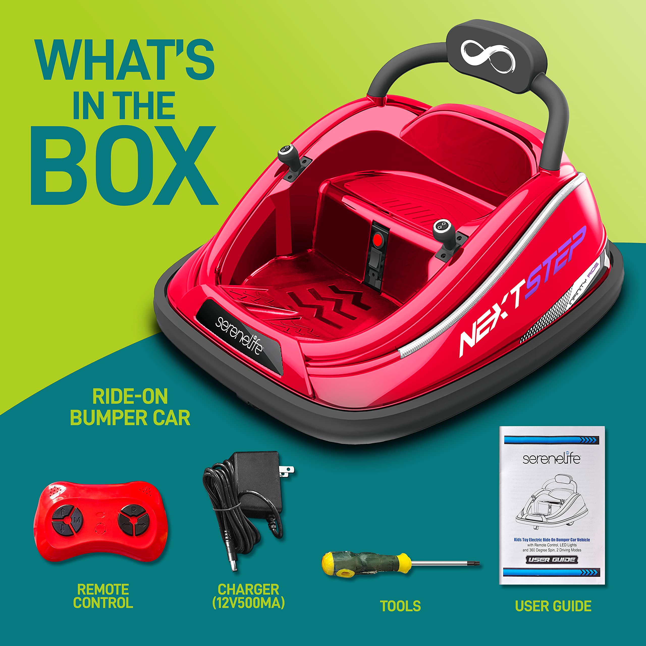 SereneLife 12V Electric Bumper Car for Kids with Remote Control - 360° Spinning, LED Lights & Safety Belt | Toddler Ride-On Toy for Ages 3-8 Years | Perfect for Indoor Playrooms, Backyard Fun & Birthday Parties