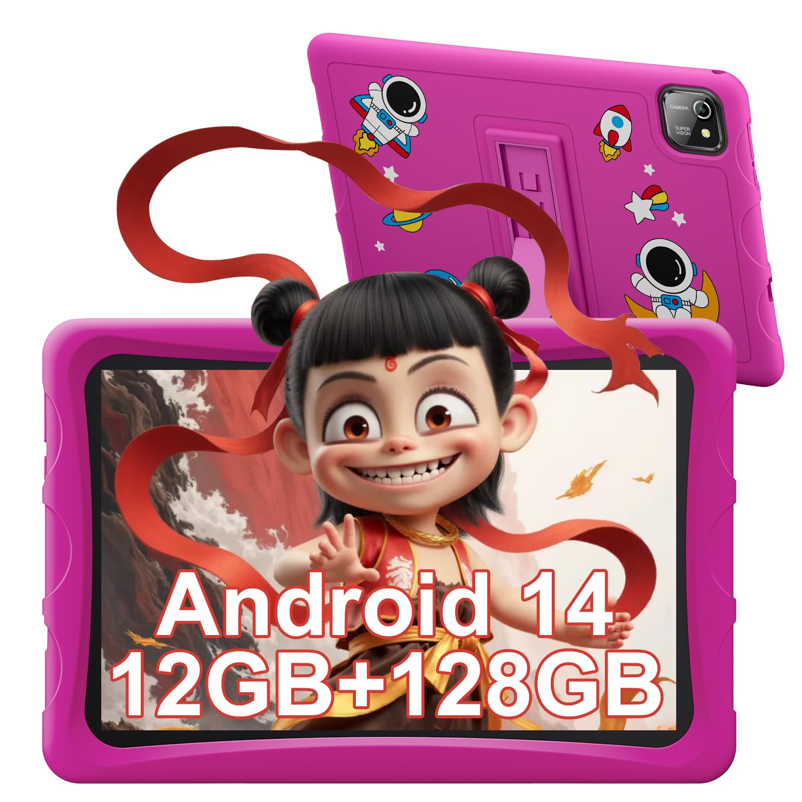 BESTTAB 10 Inch Kids Tablet - Android 14 Toddler Tablet for Ages 3-12 | 12GB RAM 128GB Storage (Expandable to 2TB) | 8-Core Processor, Parental Controls, Google-Gemini AI, Preloaded iWawa, WiFi 6 | Pink - Perfect for Learning, Games & Entertainment at Home or Travel
