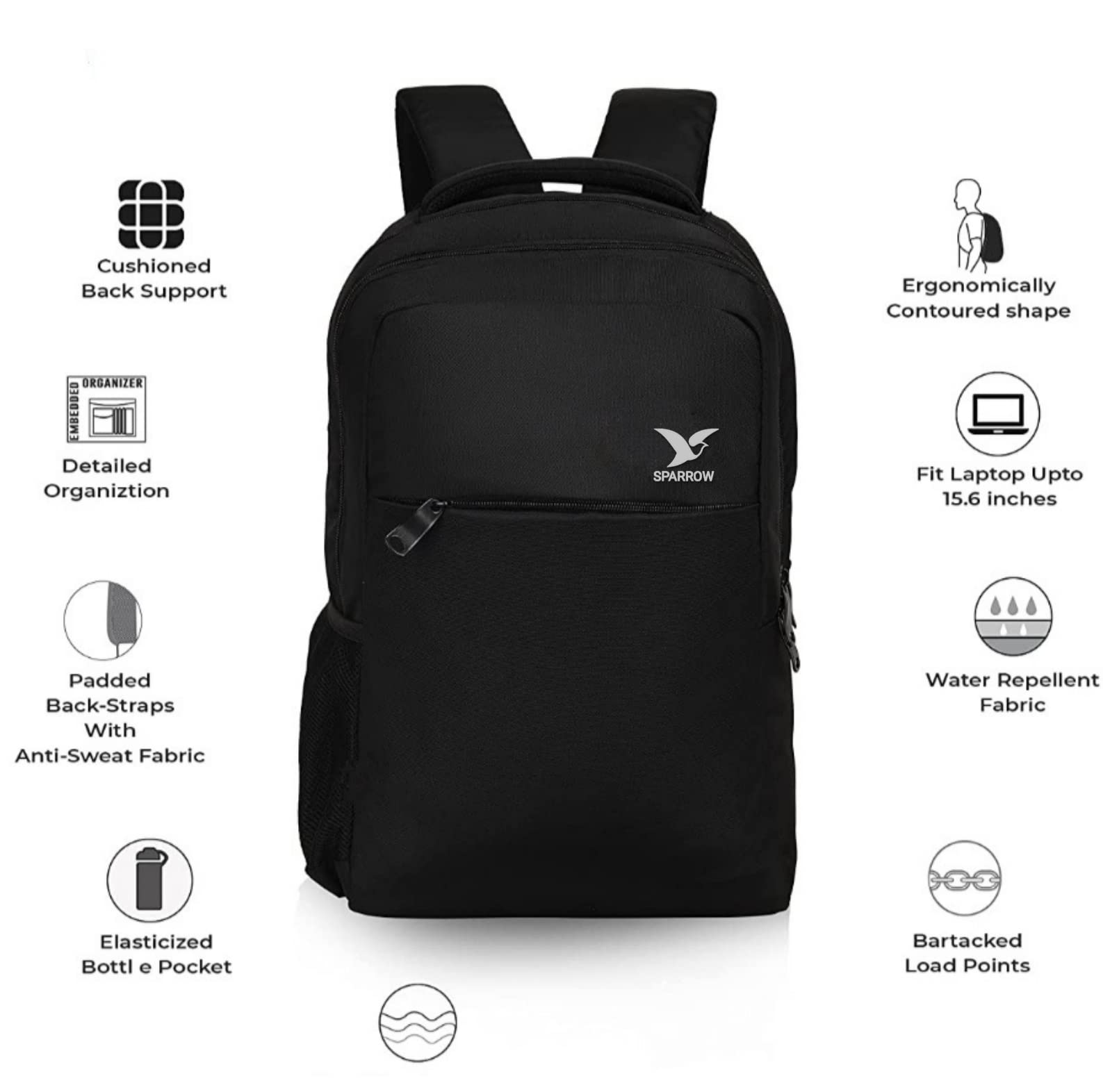 Sparrow Casual Backpack 36L - Lightweight Durable School Backpack for College, Business, Travel & Office Use | Water-Resistant Laptop Backpack with Multiple Pockets | Perfect for Commuting, Hiking & Daily Essentials