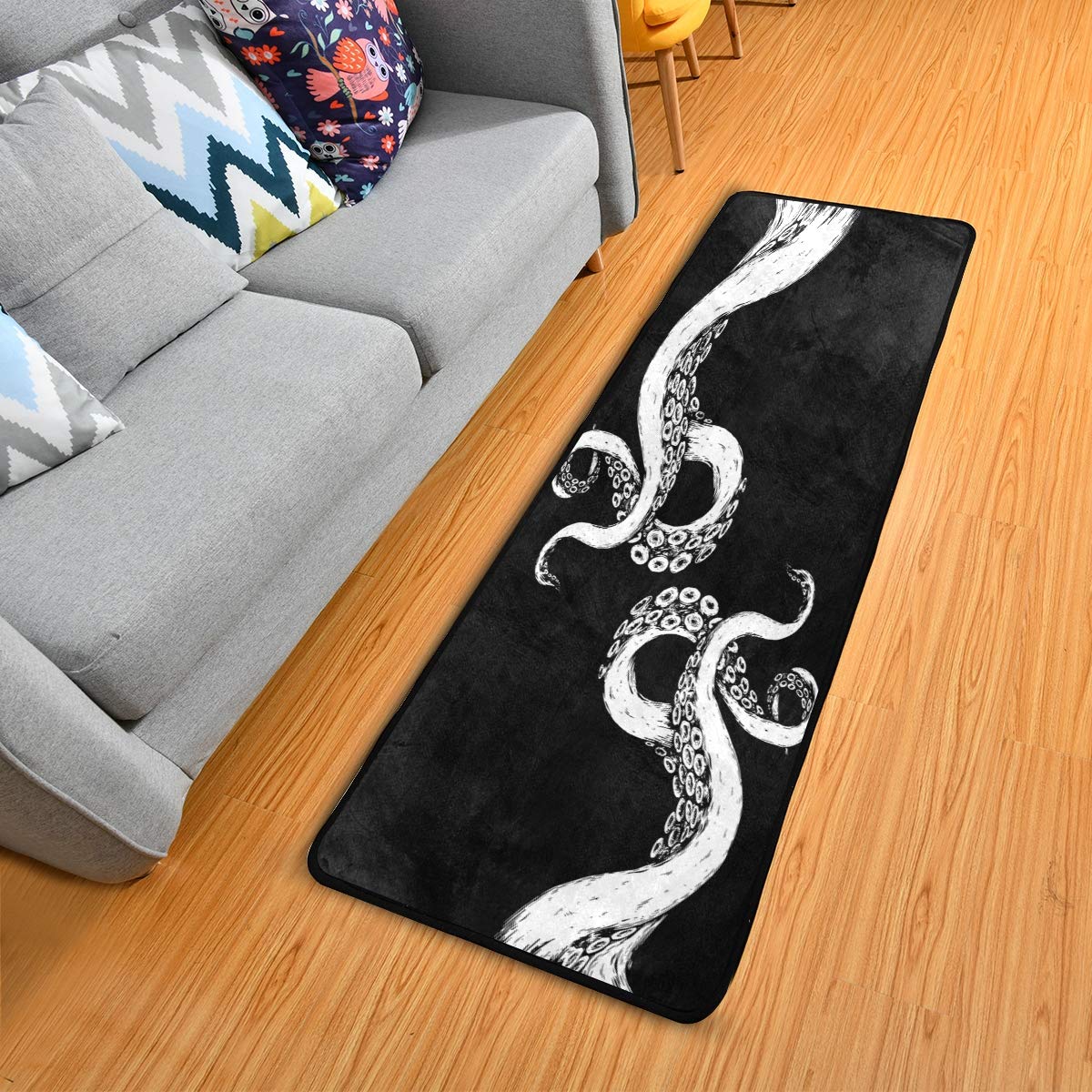 ALAZA Ocean Octopus Kraken Black Collection Area Rug - 2' x 6' Non-Slip Floor Mat for Living Room, Bedroom, Kitchen - Perfect for Home Decor, Kids Play Area & Coastal Theme Spaces