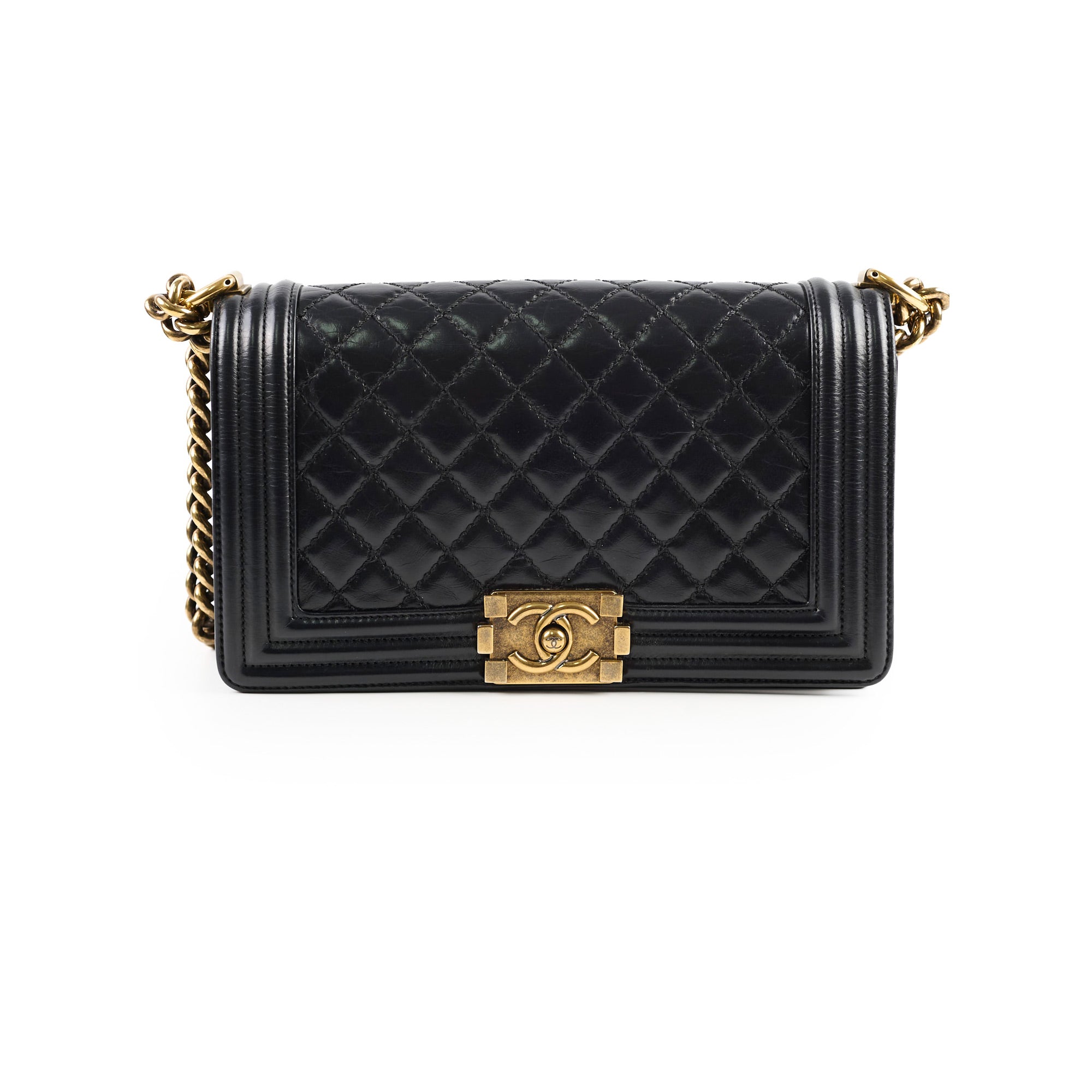 Chanel Old Medium Boy Bag - Shiny Calfskin Leather in Black | 17 Series | Luxury Handbag for Women, Perfect for Evening Events & Special Occasions