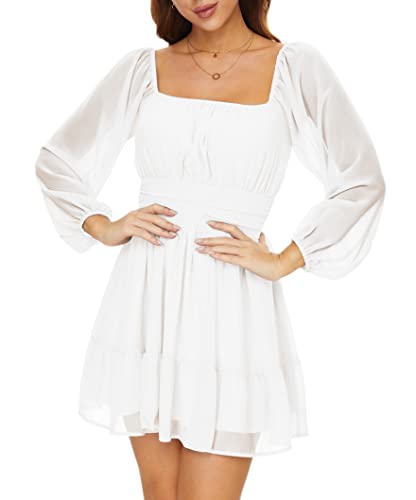 2023 Women's Square Neck Mini Dress with Puff Sleeves & Tie Back - Elastic Waist A-Line Summer Dress for Casual Outings, Dates & Beach Vacations
