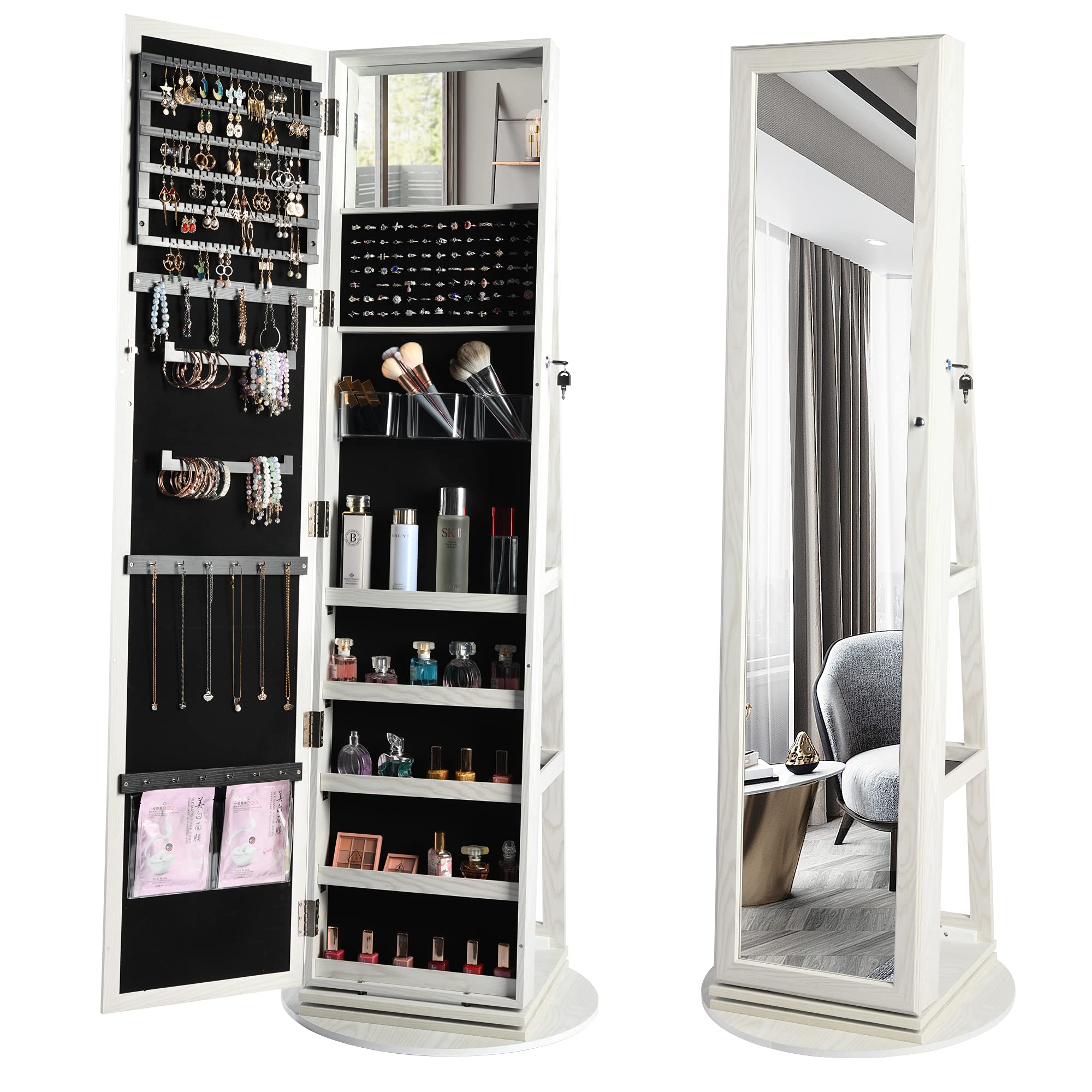 360° Swivel Jewelry Cabinet with Full-Length Mirror - Lockable Jewelry Organizer & Armoire with Storage Shelves (Pure White) | Perfect for Bedroom, Closet & Dressing Room Organization
