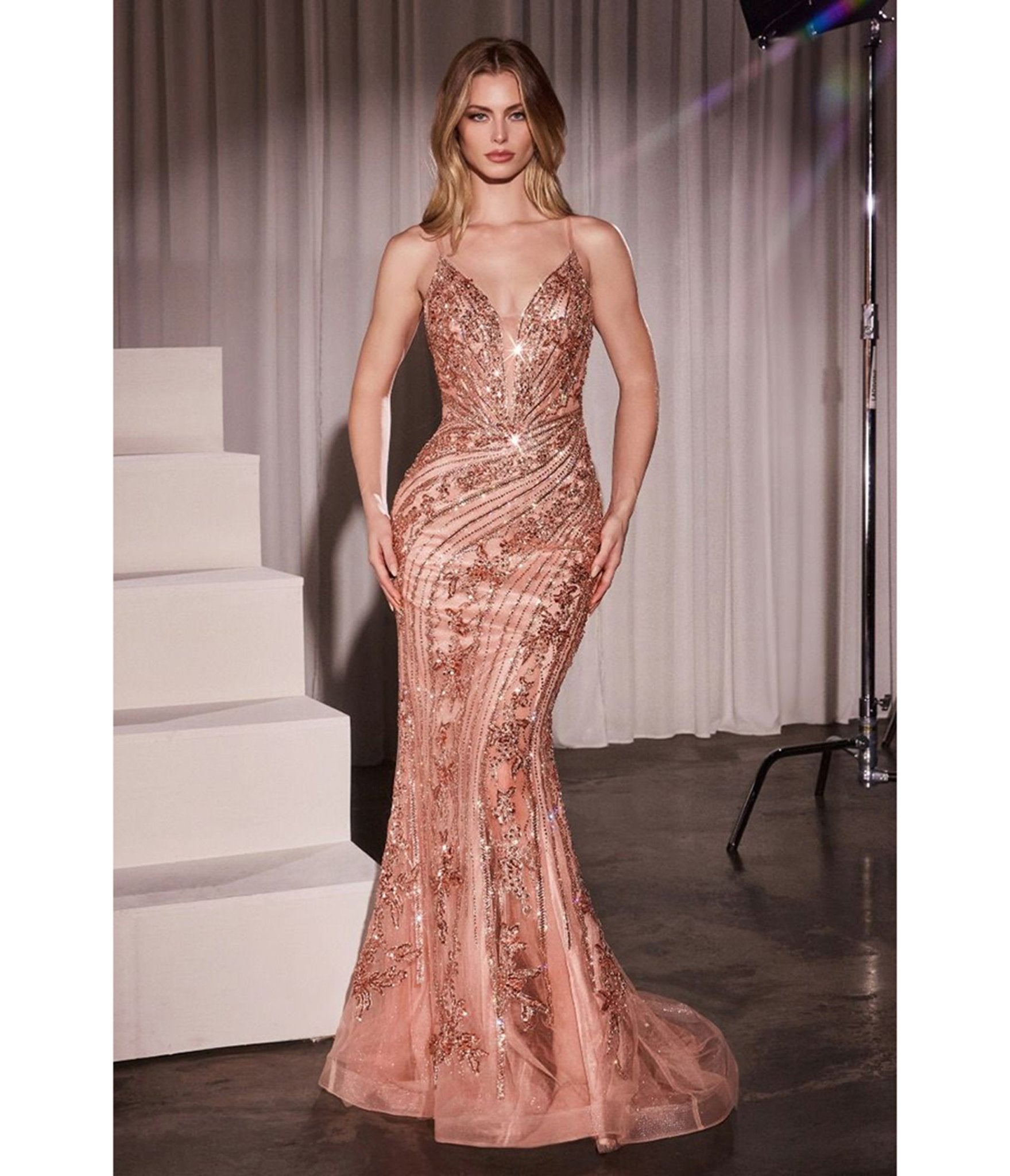 Ladivine by Cinderella Divine Rose Gold Beaded Fitted V-Neck Sheer Prom Dress - Elegant Evening Gown for Homecoming, Ball, Wedding & Formal Events
