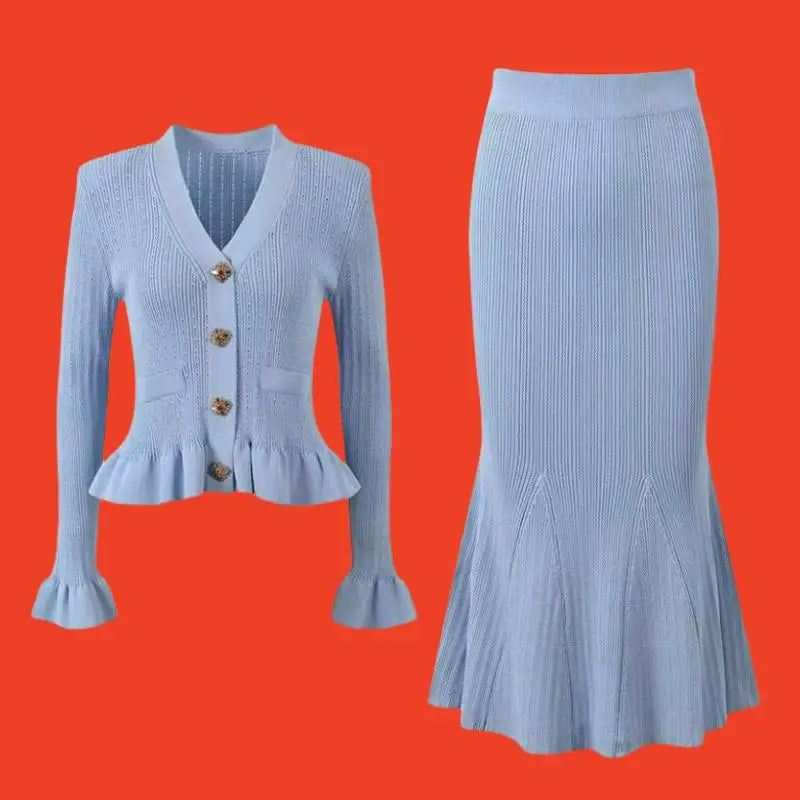 Vintage Women's Long Sleeve Ruffled Cardigan & High Waist Wrap Fishtail Skirt 2-Piece Set - Autumn Winter Knit Sweater Outfit for Casual Wear, Office, Date Night