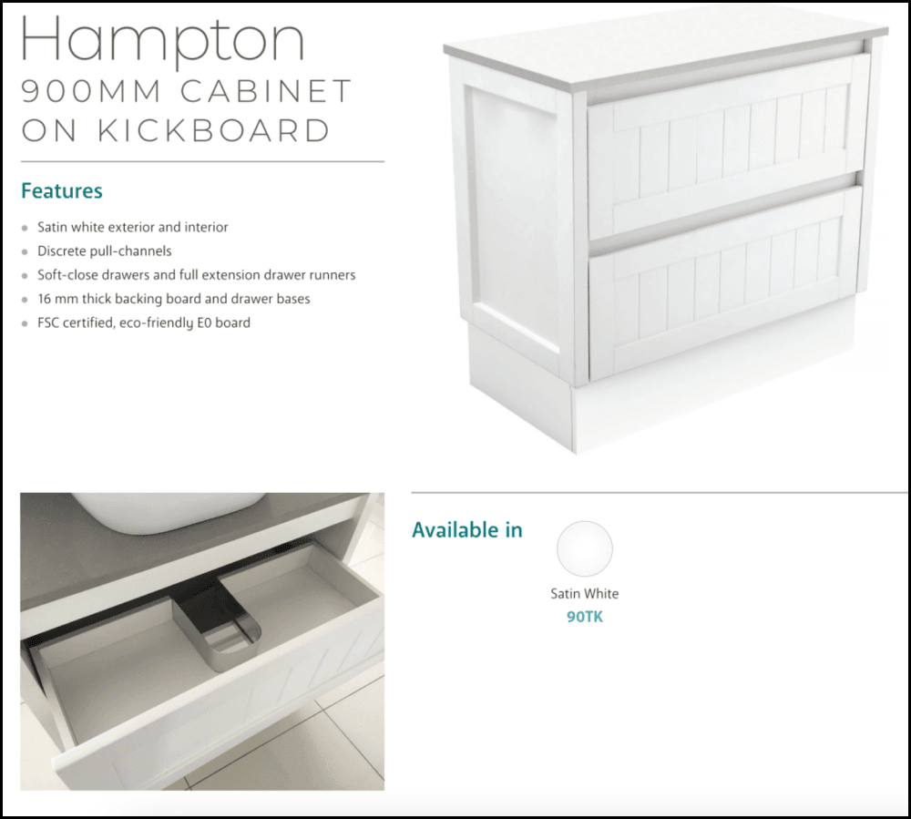 Fienza Dolce 900mm White Bathroom Vanity Unit with Kickboard - Modern TCL90TK Hampton Design for Small Spaces | Perfect for Apartments, Guest Bathrooms & Powder Rooms