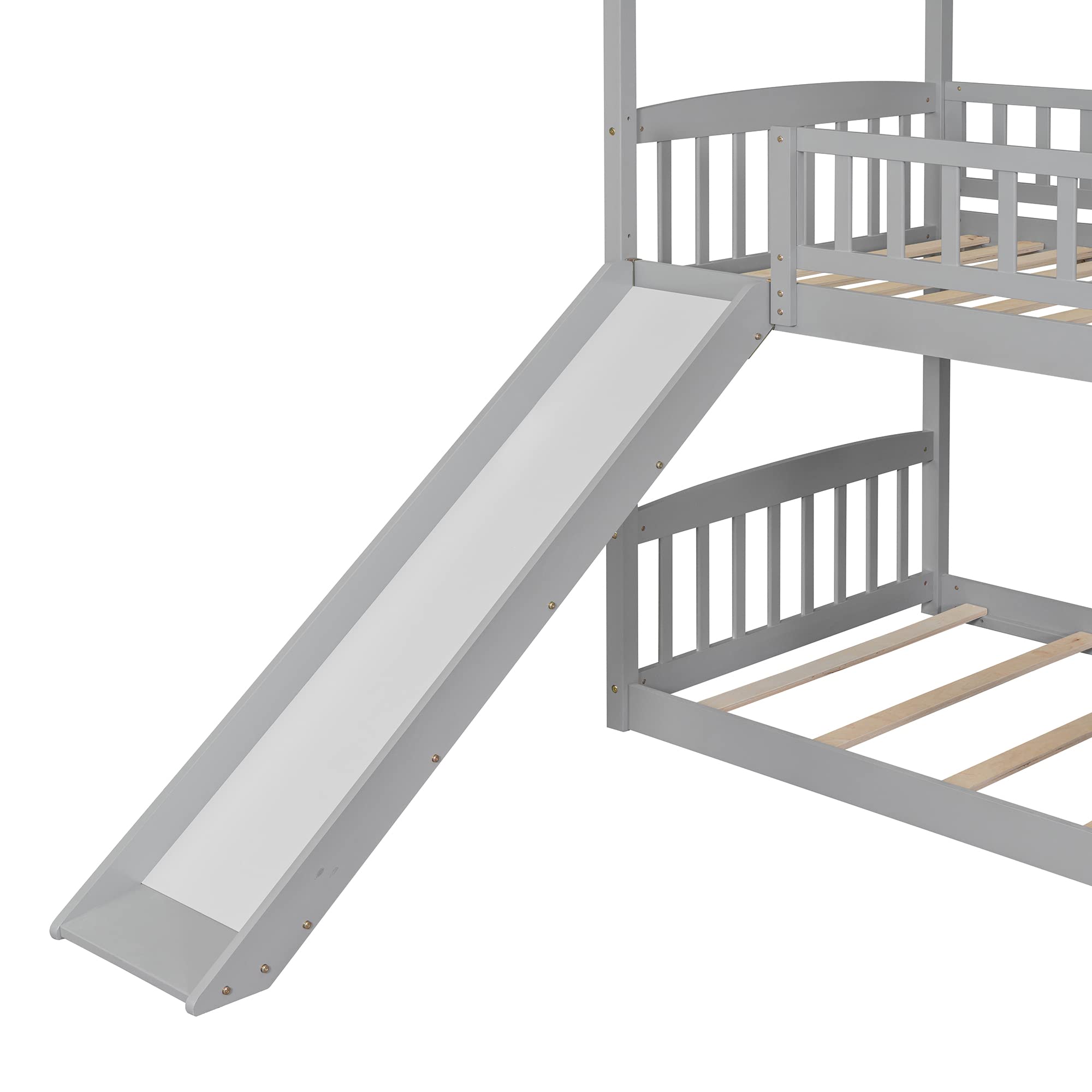 Kids Wooden Twin Over Twin Bunk Bed with Slide - Grey Space-Saving Loft Bed for Boys & Girls - Perfect for Small Bedrooms, Playrooms & Shared Kids' Rooms