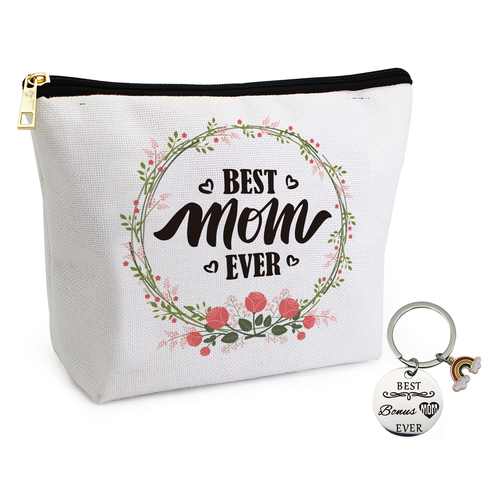 2Pcs Best Mom Ever Makeup Bag Set - Mother's Day Gift for Mom, Travel Cosmetic Pouch & Keychain - Christmas Present from Daughter or Son - Perfect for New Moms, Bridal Showers & Everyday Use