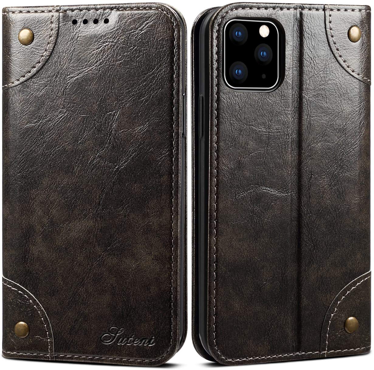 Premium Leather Wallet Case for iPhone 11 Pro Max (6.5 inch, 2019) - Magnetic Folio Cover with Card Slots, ID Holder & Stand Function | Dark Grey | Perfect for Business, Travel & Daily Protection