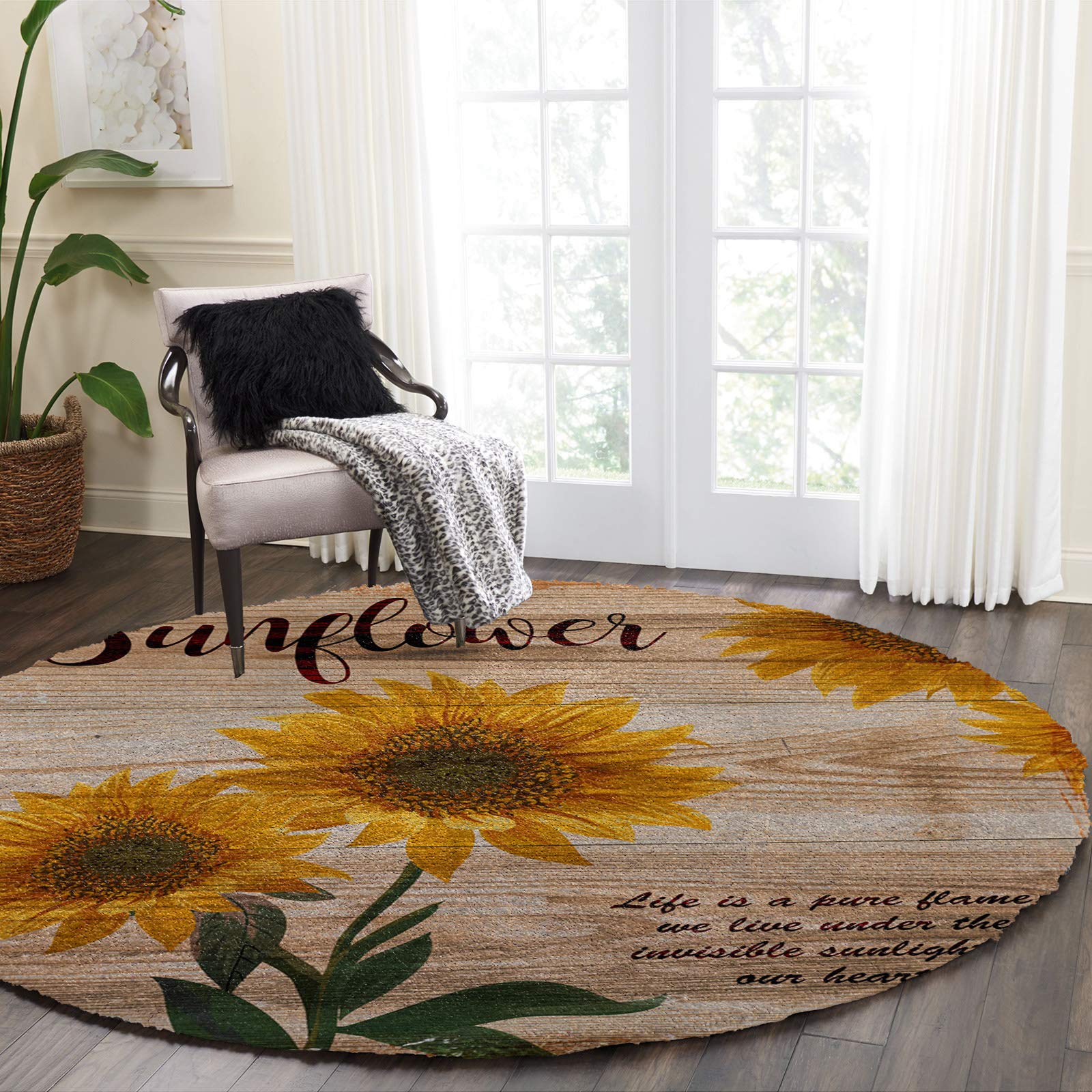 Vintage Sunflower Round Area Rug 3ft - Soft Shaggy Circle Throw Rug for Bedroom, Living Room, Nursery - Non-Slip Washable Farmhouse Floral Carpet for Sofa, Hall & Wooden Floors | Cozy Home Decor & Kids Play Mat