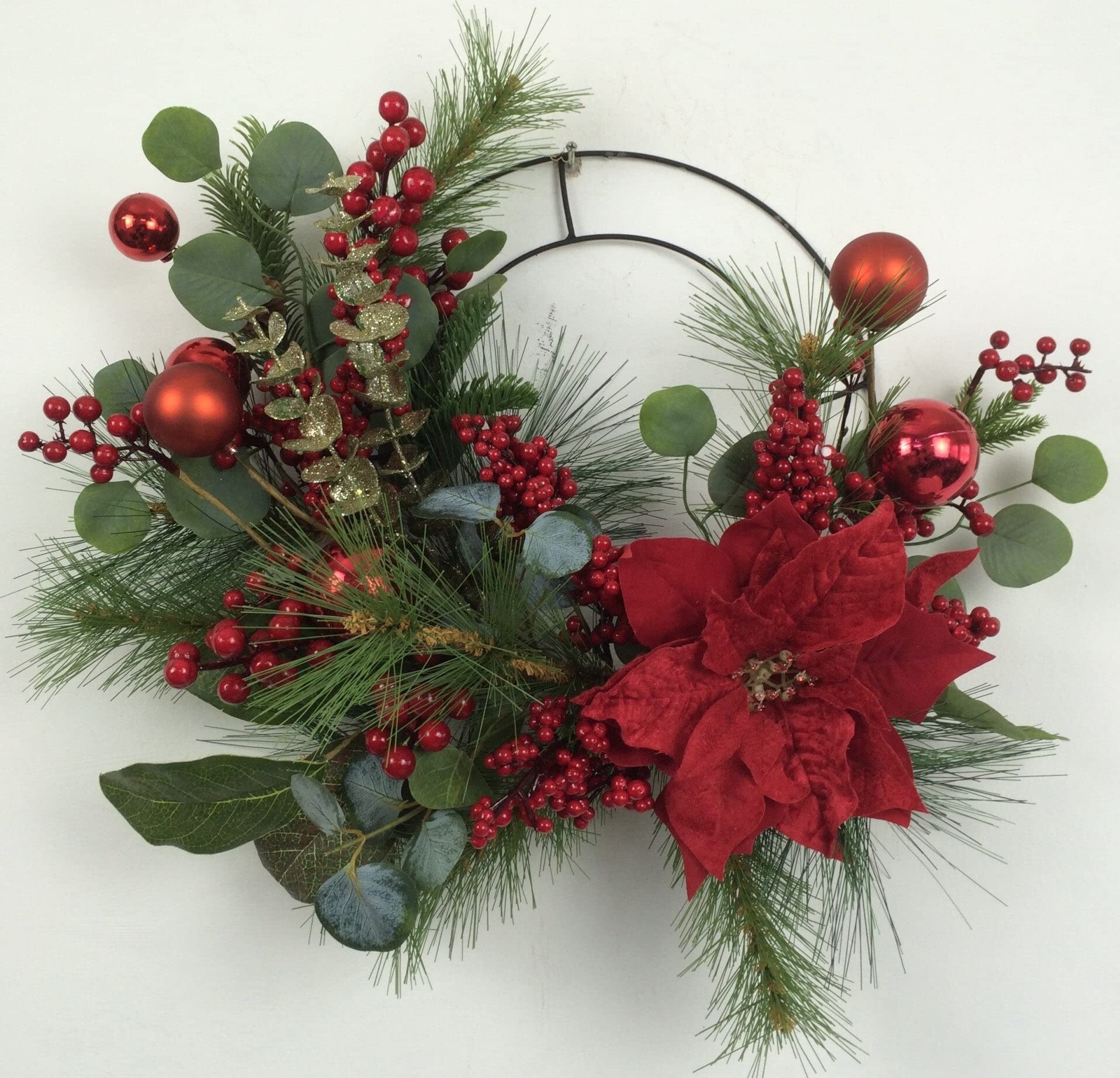 Christmas Poinsettia Wreath with Red Berries & Greenery - Half Circle Holiday Decor for Front Door, Fireplace & Wall Decoration