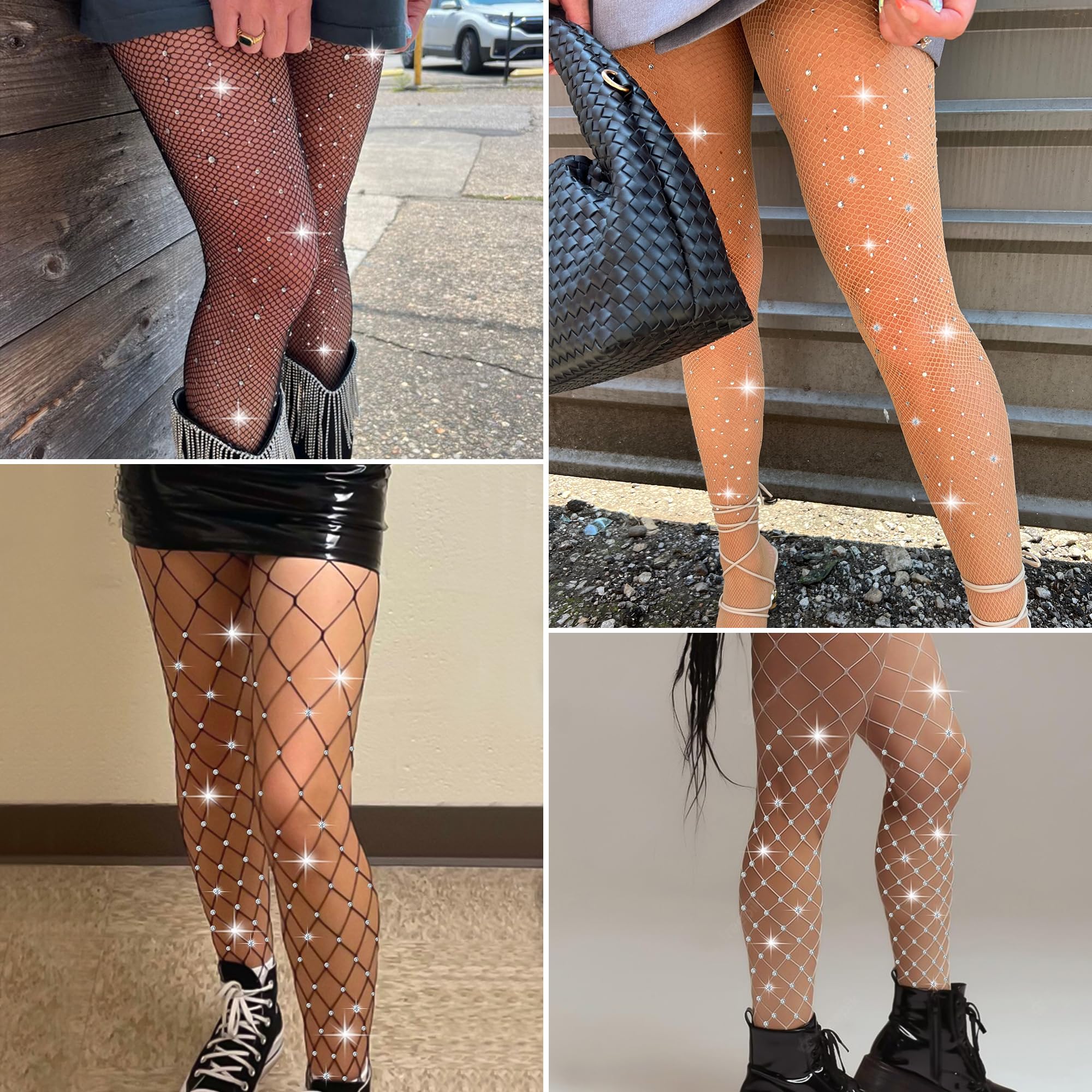 MANZI 2 Pairs Rhinestone Fishnet Tights for Women - High Waist Sparkly Glitter Stockings | Party, Halloween, Cosplay, Night Out, Stage Performance